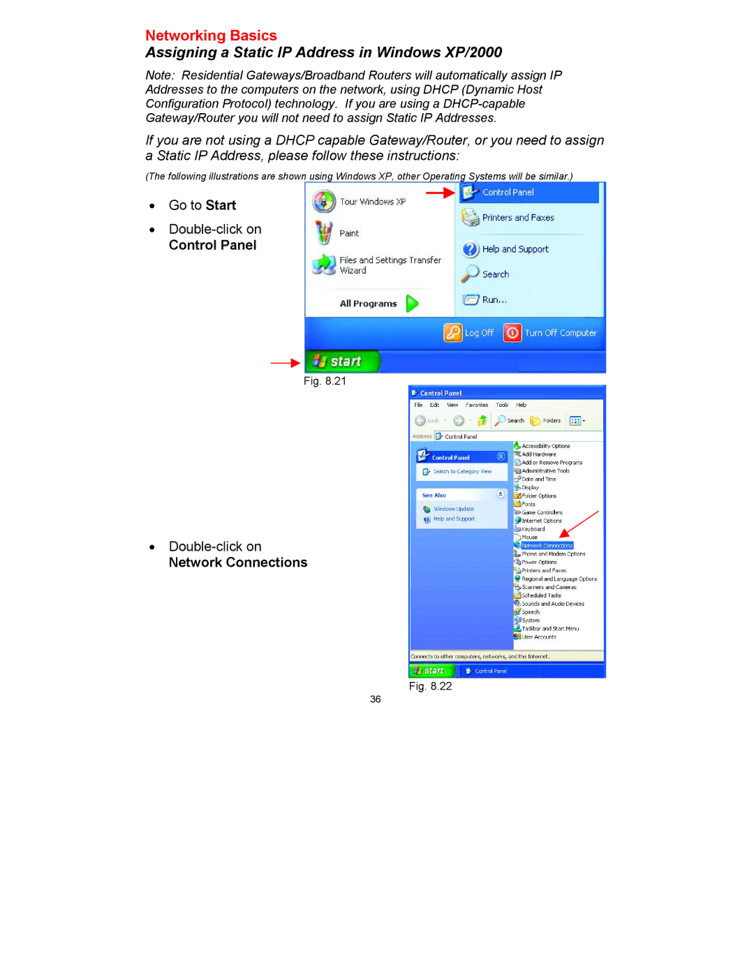 D-Link DWL-650 manual Assigning a Static IP Address in Windows XP/2000, Control Panel, Network Connections 