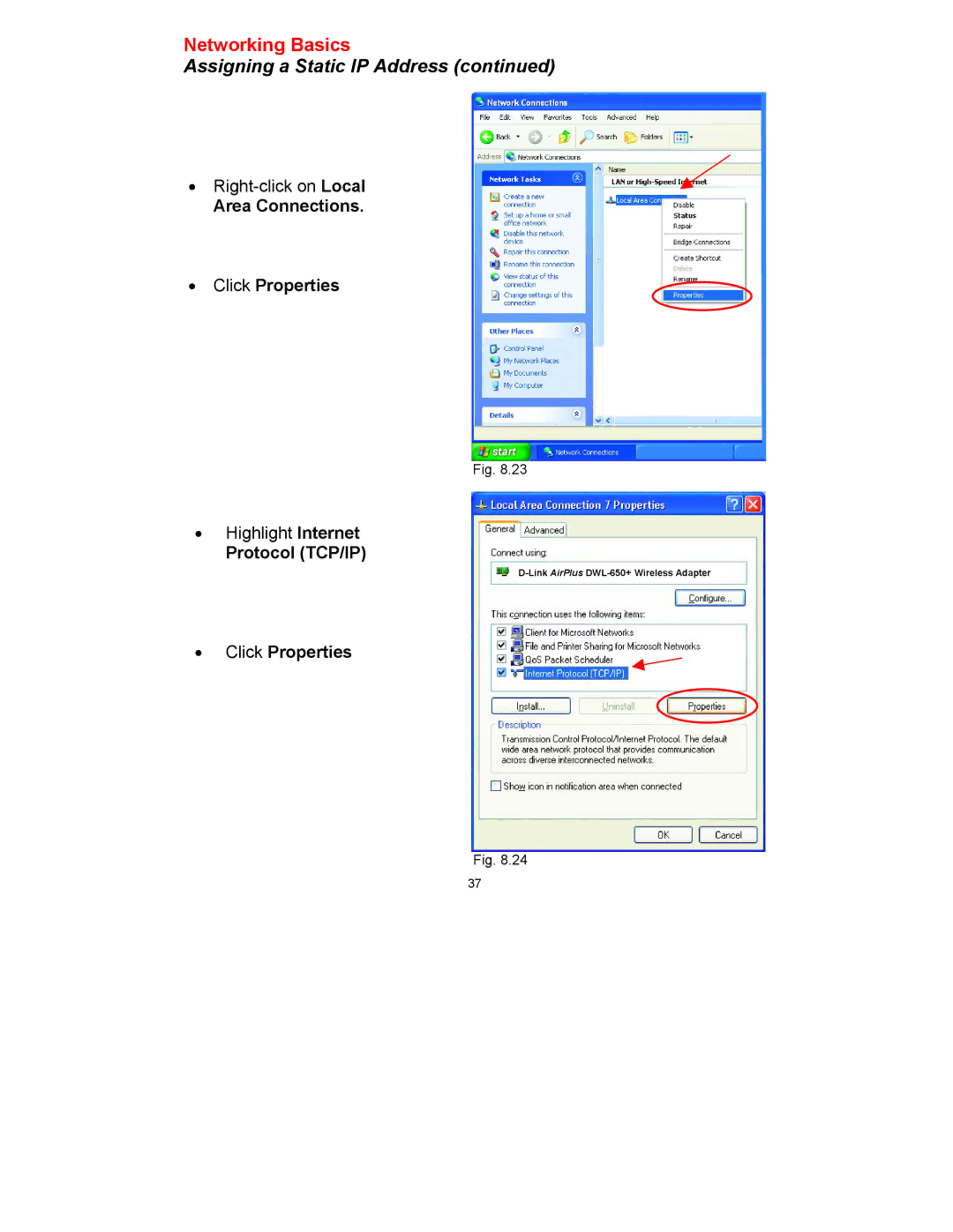 D-Link DWL-650 manual Assigning a Static IP Address, Area Connections Click Properties, Protocol TCP/IP 