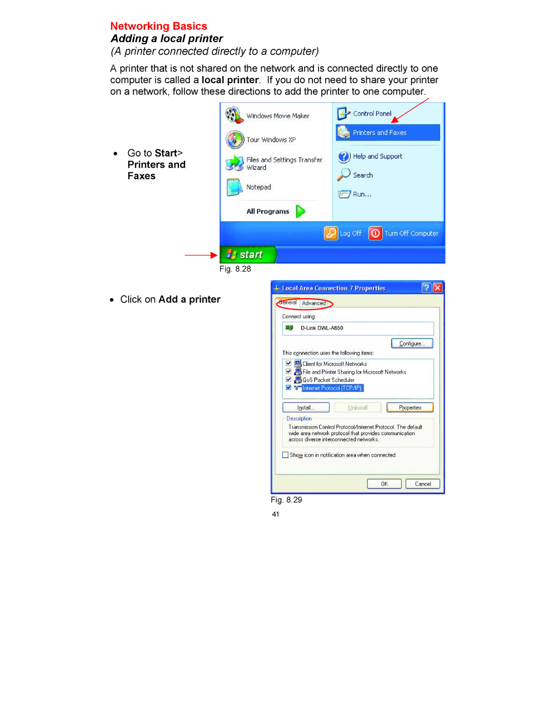 D-Link DWL-650 manual Adding a local printer, Printers and Faxes Click on Add a printer 