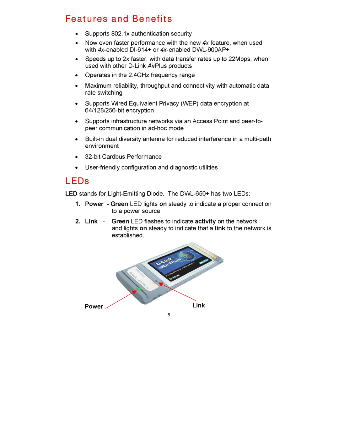 D-Link DWL-650 manual Features and Benefits, LEDs, Power Link 