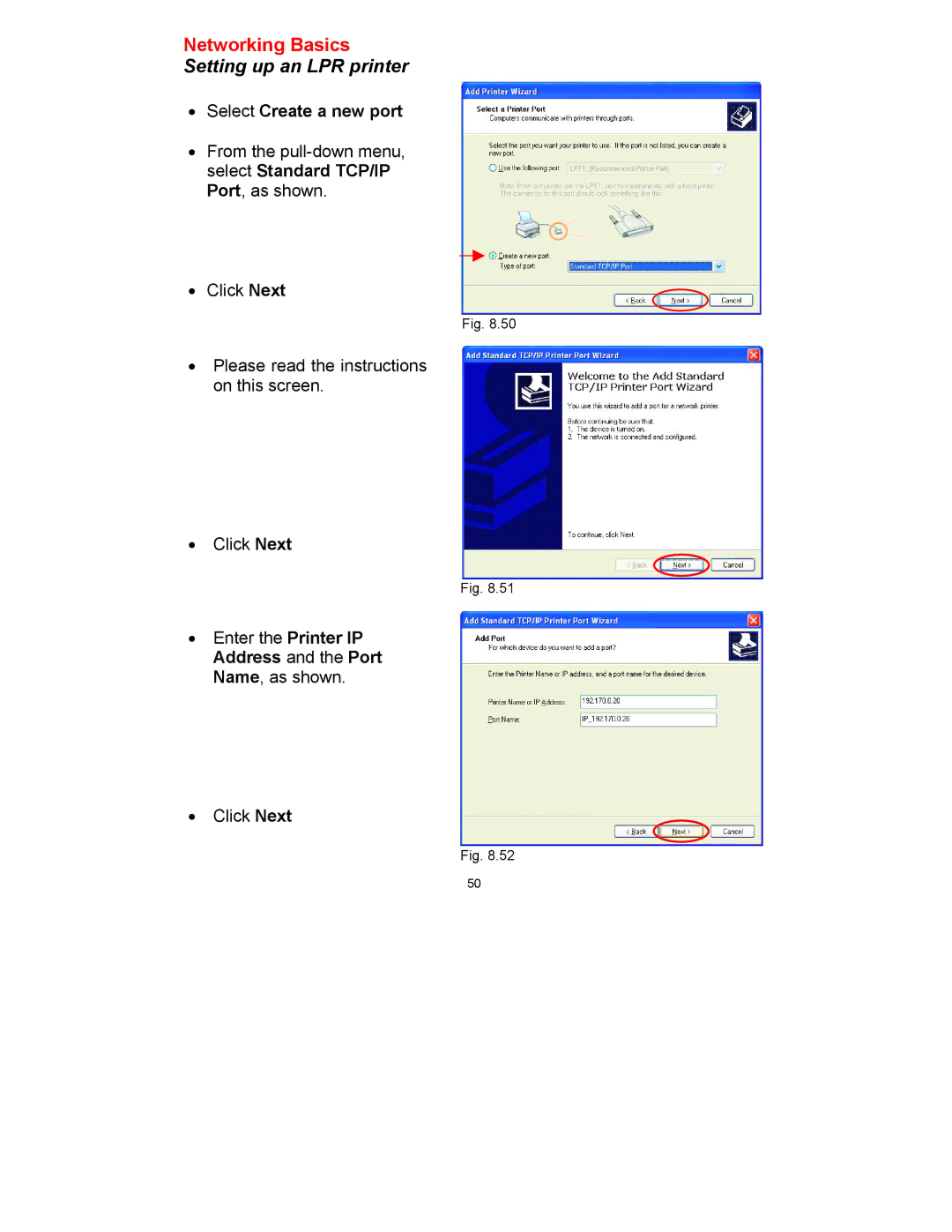 D-Link DWL-650 manual Select Create a new port, Enter the Printer IP Address and the Port Name, as shown 