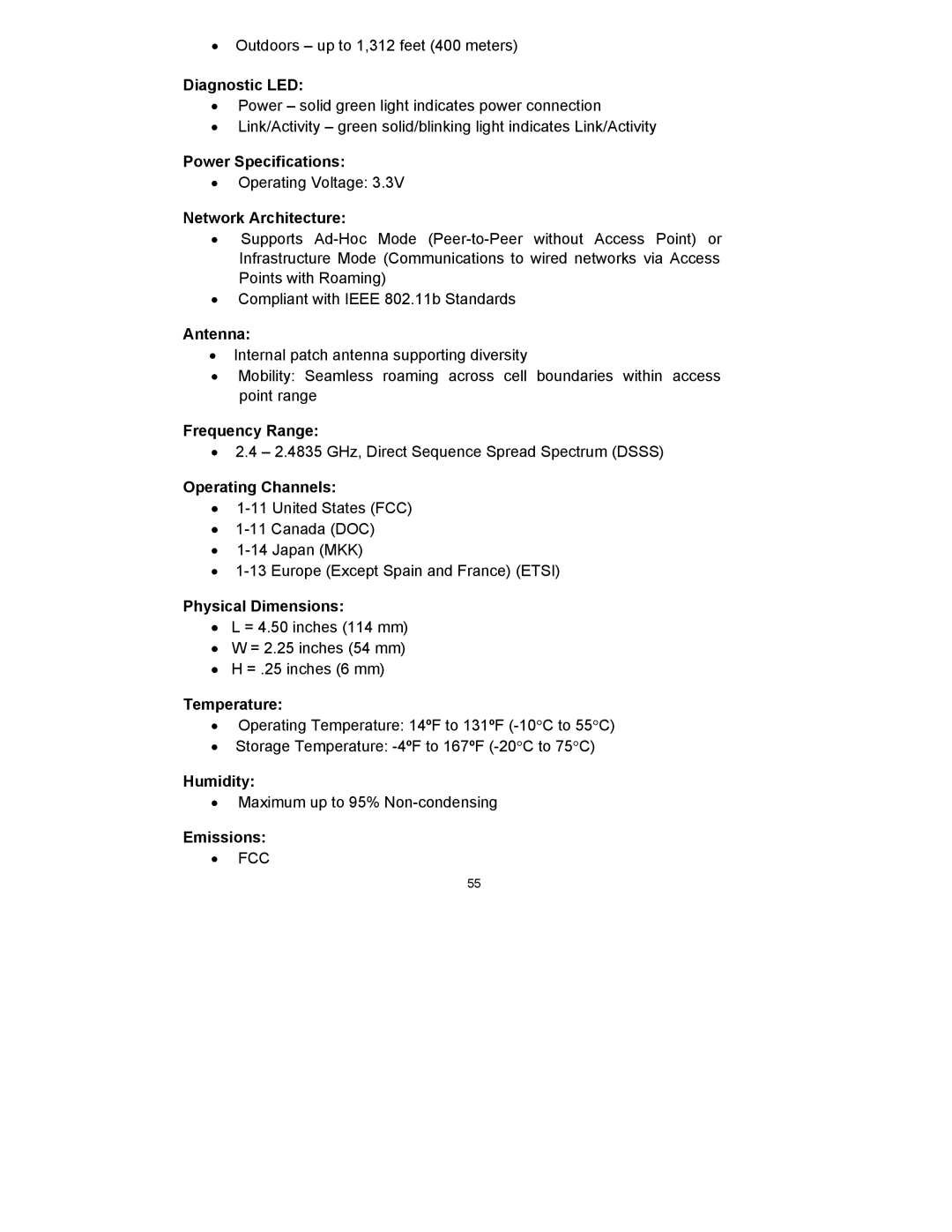 D-Link DWL-650 manual Power Specifications 