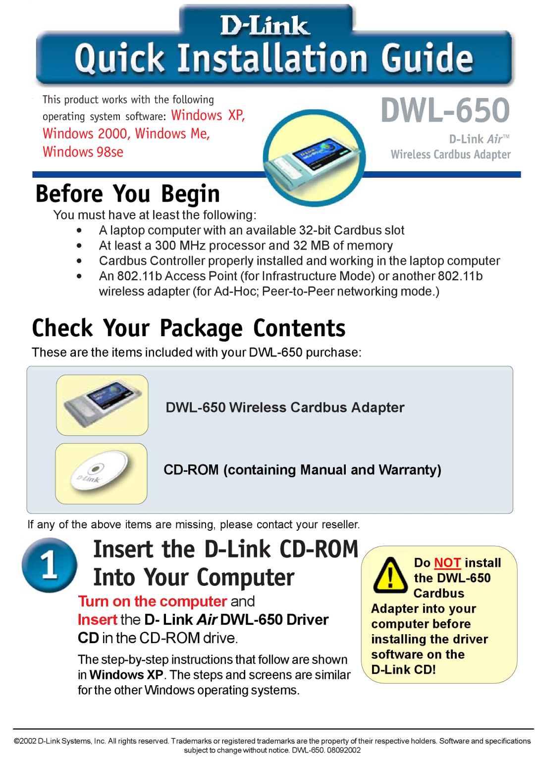 D-Link DWL-650 warranty Before You Begin, Check Your Package Contents 