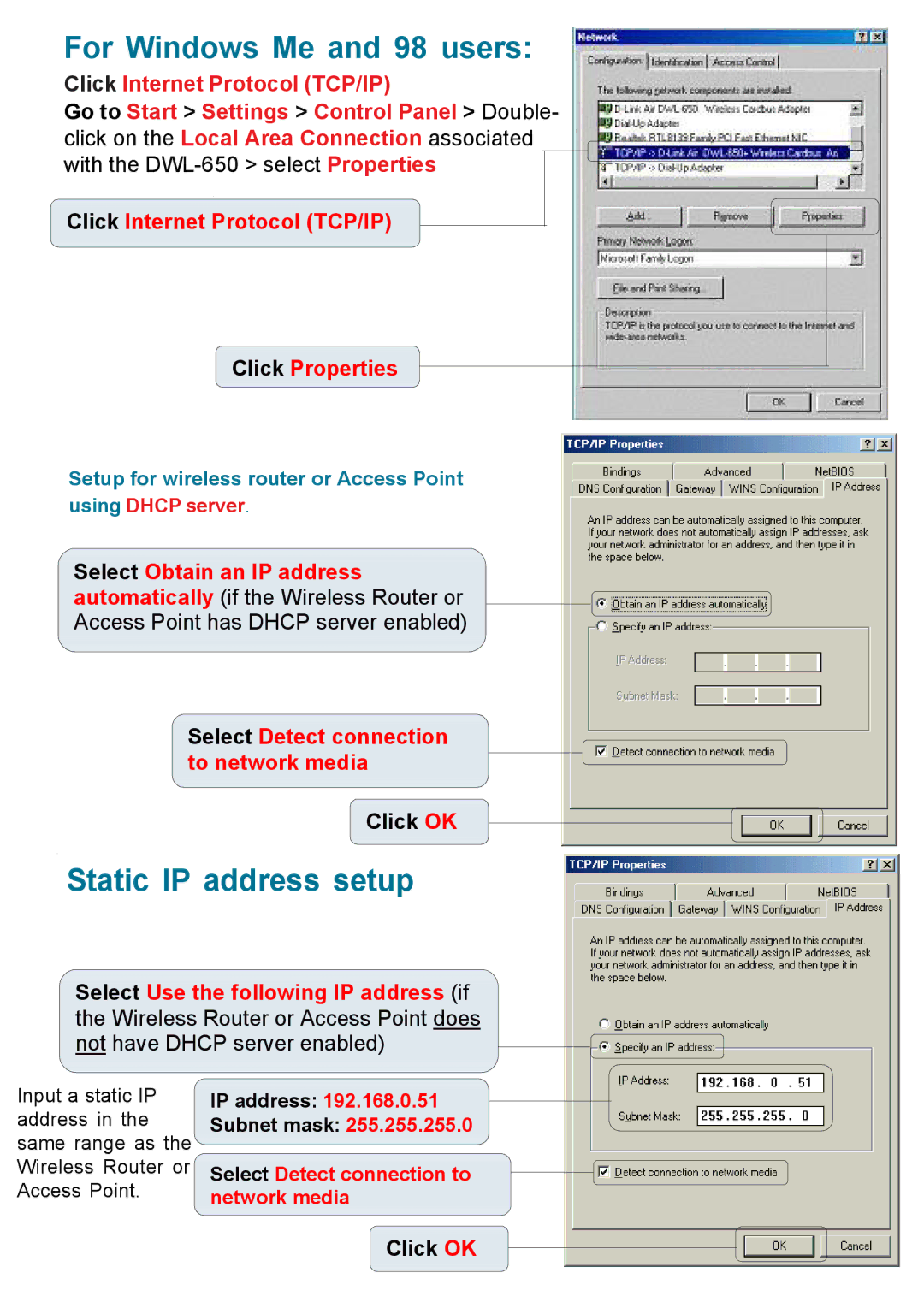 D-Link DWL-650 warranty For Windows Me and 98 users 