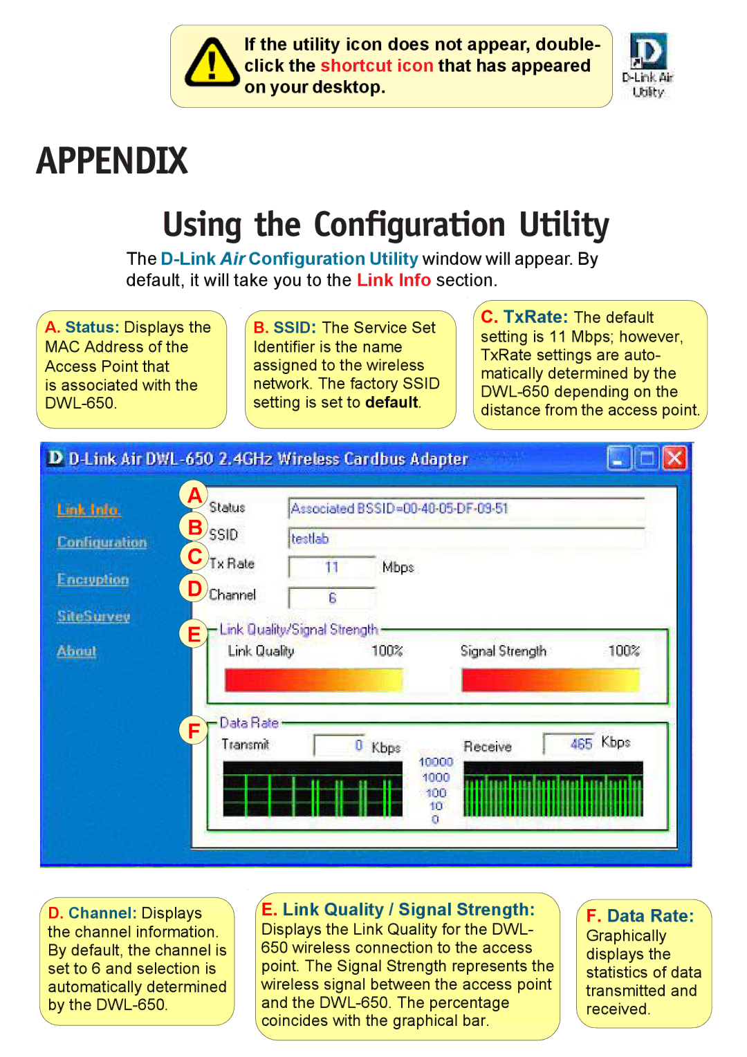 D-Link DWL-650 warranty Appendix, Using the Configuration Utility 