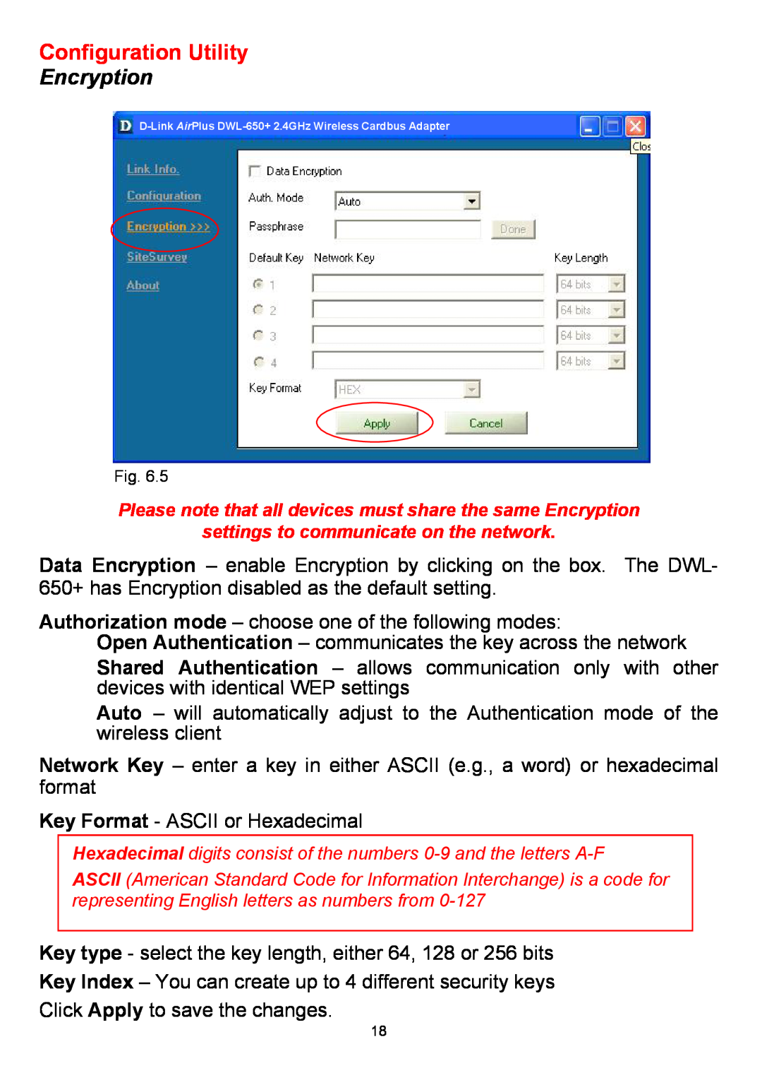 D-Link DWL-650+ manual Encryption, Configuration Utility 