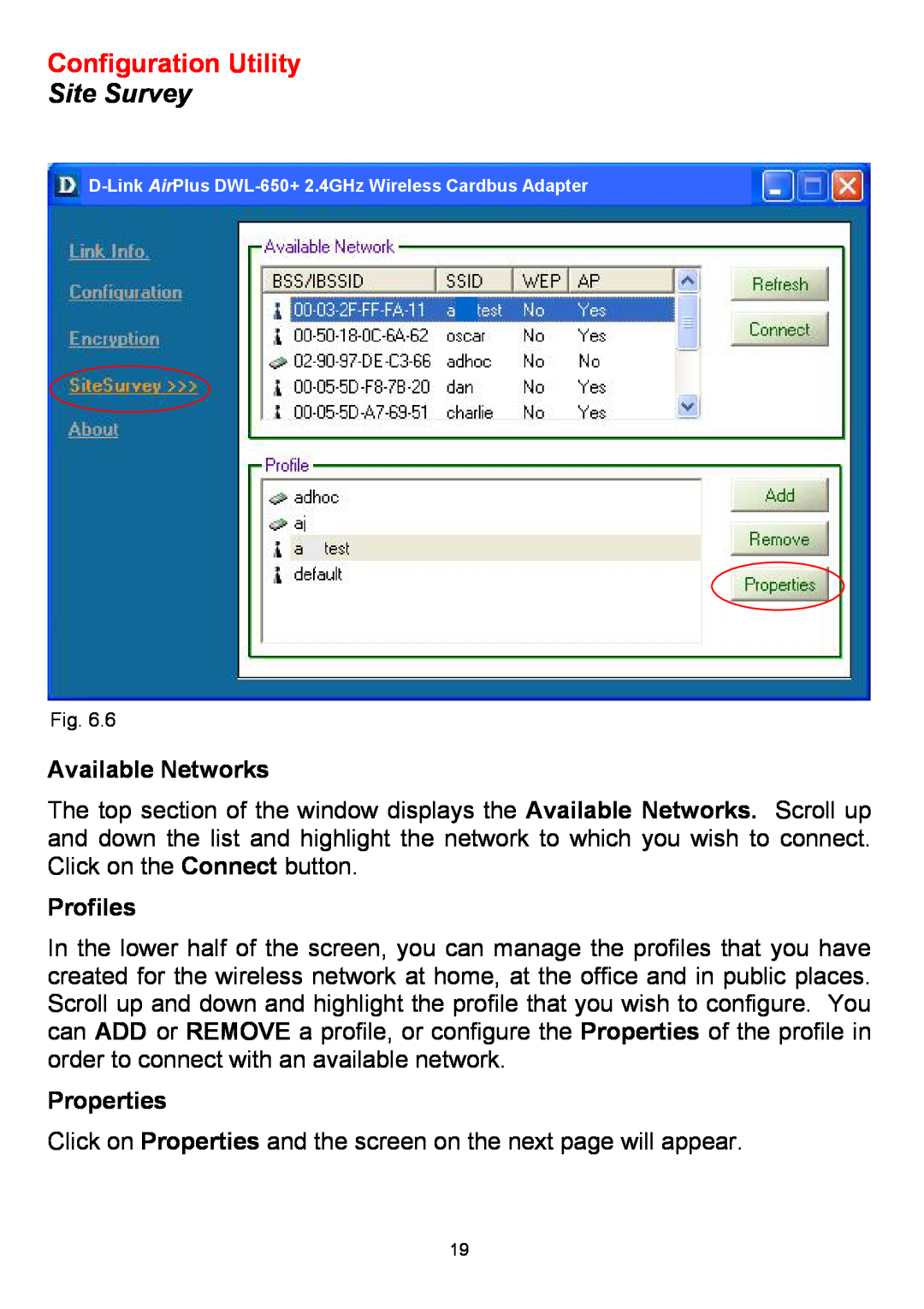 D-Link DWL-650+ manual Site Survey, Available Networks, Profiles, Properties, Configuration Utility 
