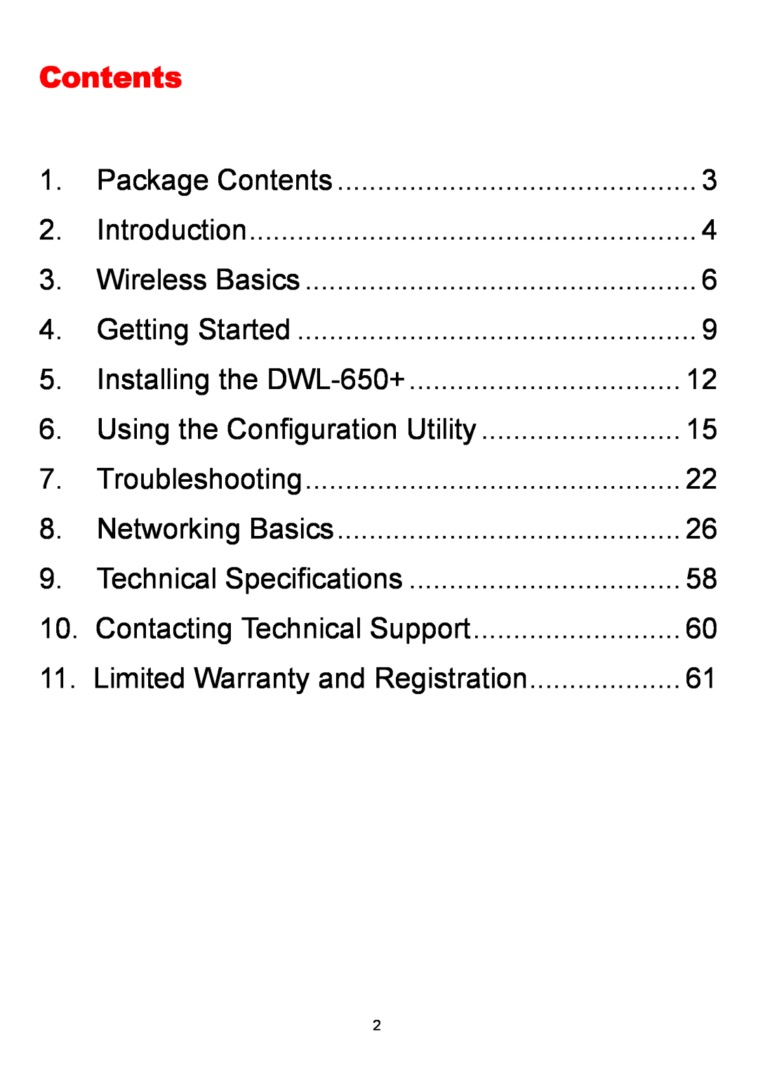 D-Link manual Contents, Installing the DWL-650+, Using the Configuration Utility, Troubleshooting, Networking Basics 