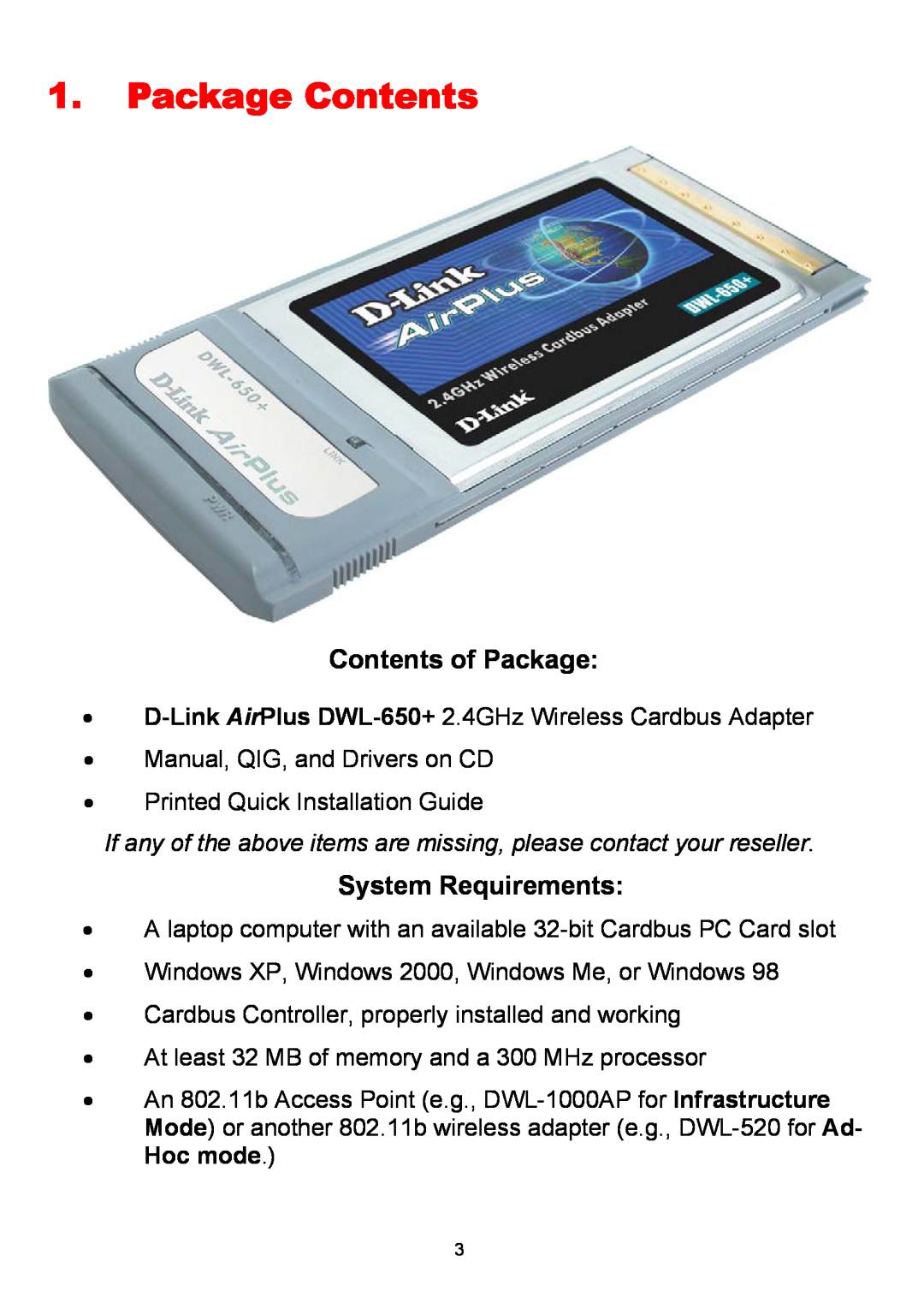 D-Link DWL-650+ manual Package Contents, Contents of Package, System Requirements 