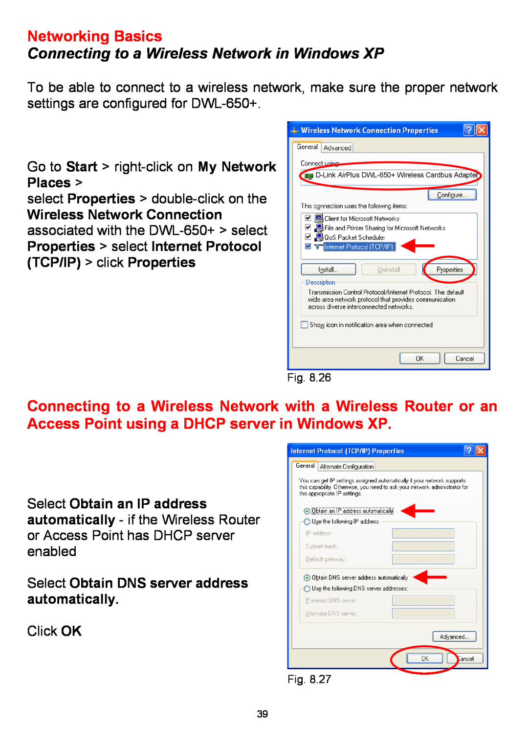 D-Link DWL-650+ manual Connecting to a Wireless Network in Windows XP, Select Obtain DNS server address automatically 