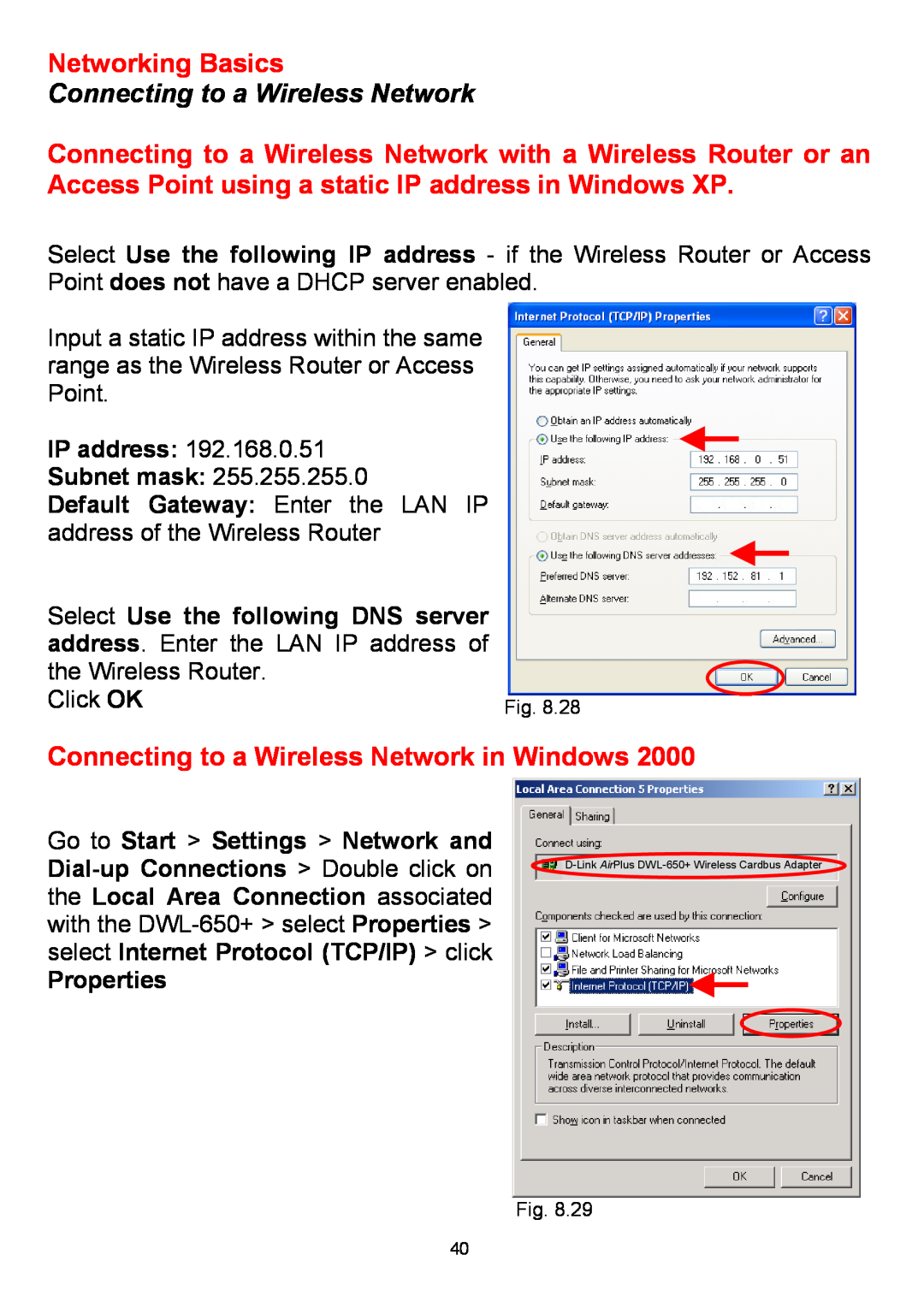 D-Link DWL-650+ Connecting to a Wireless Network in Windows, IP address Subnet mask, Networking Basics, Properties 