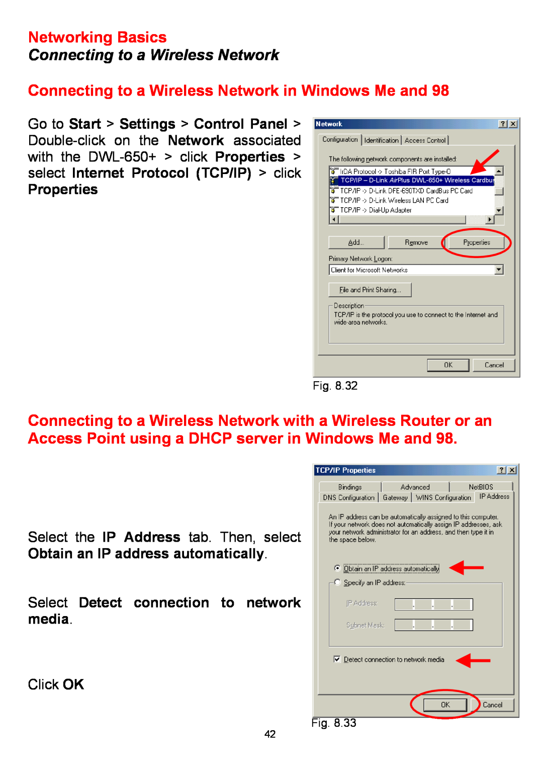 D-Link DWL-650+ Connecting to a Wireless Network in Windows Me and, Obtain an IP address automatically, Networking Basics 