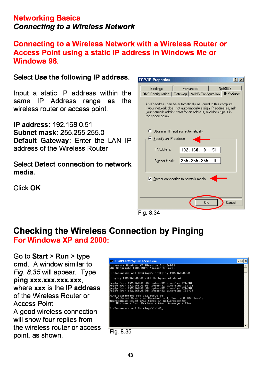 D-Link DWL-650+ Checking the Wireless Connection by Pinging, For Windows XP and, Networking Basics, IP address Subnet mask 