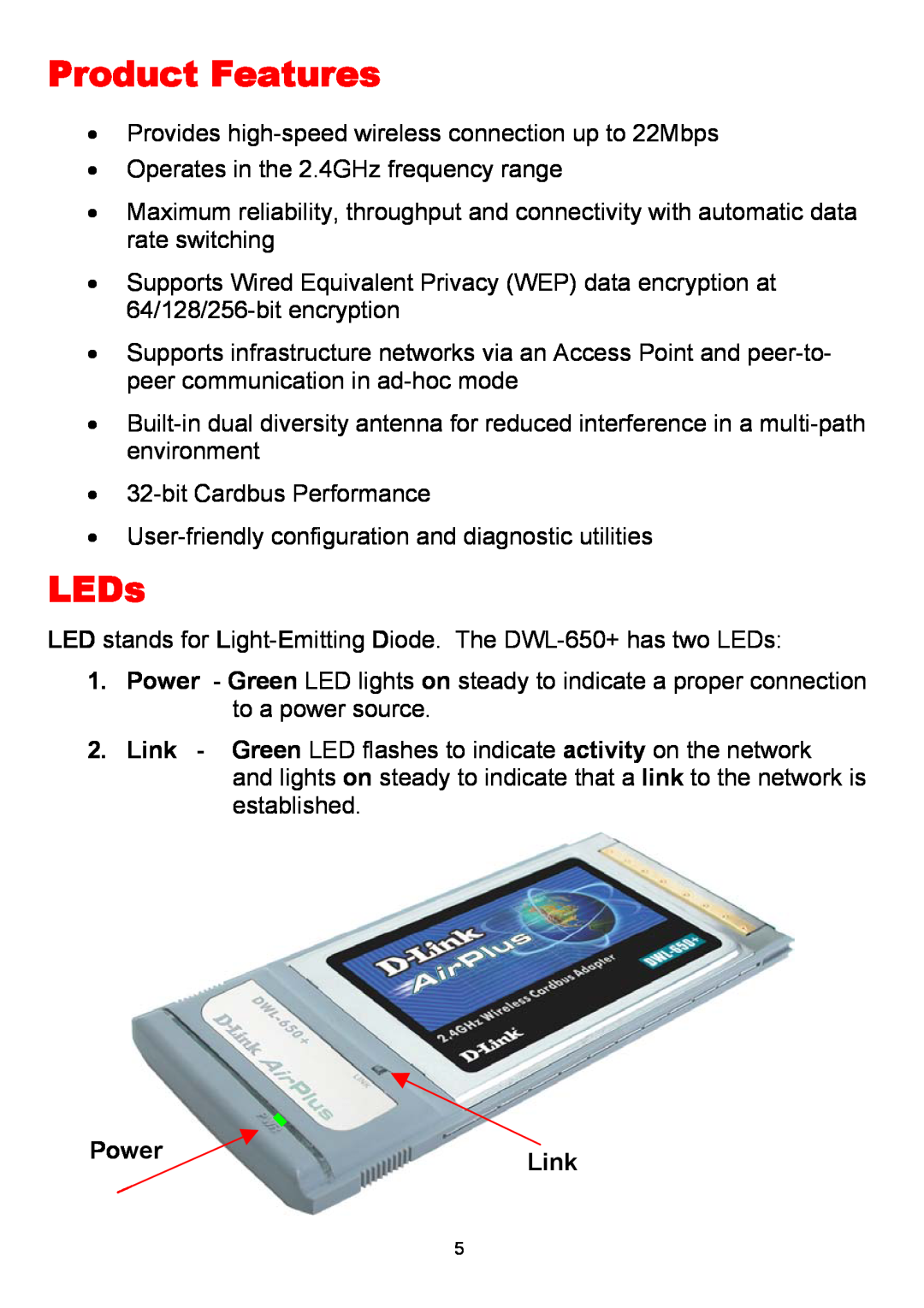 D-Link DWL-650+ manual Product Features, LEDs, Power, Link 