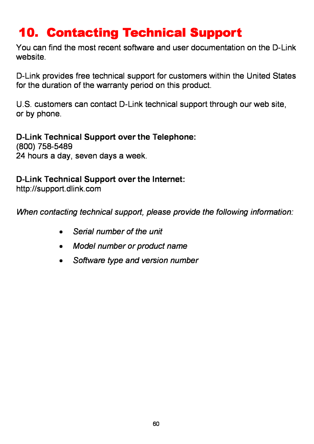 D-Link DWL-650+ Contacting Technical Support, D-Link Technical Support over the Internet, Software type and version number 