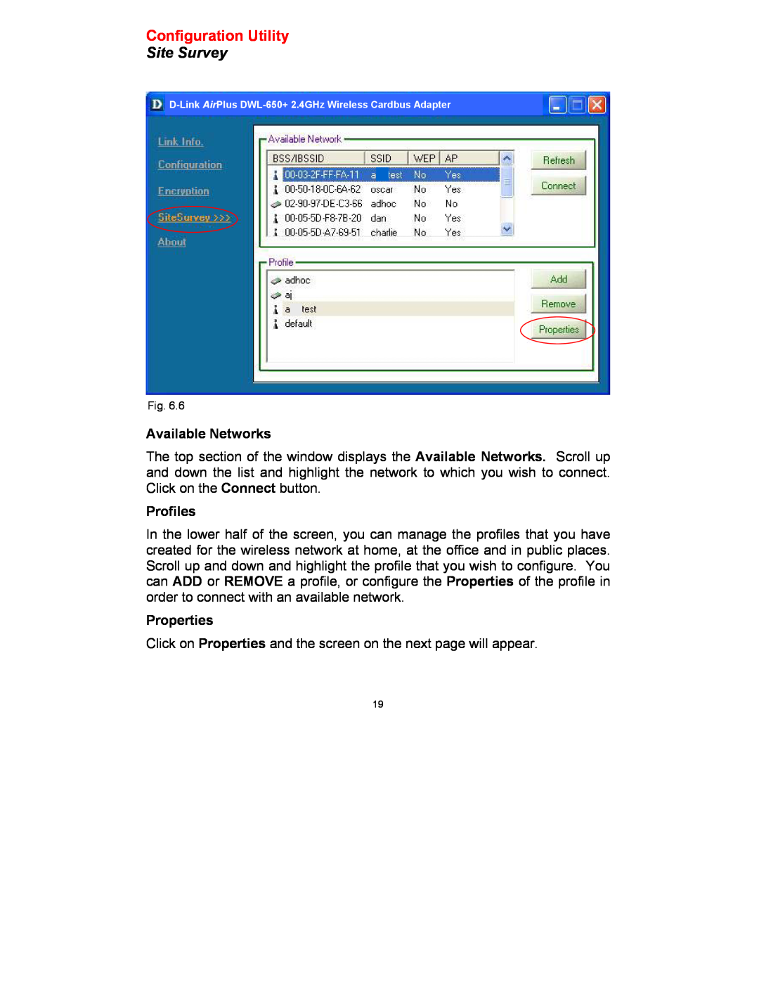 D-Link DWL-650 manual Site Survey, Available Networks, Profiles, Properties, Configuration Utility 