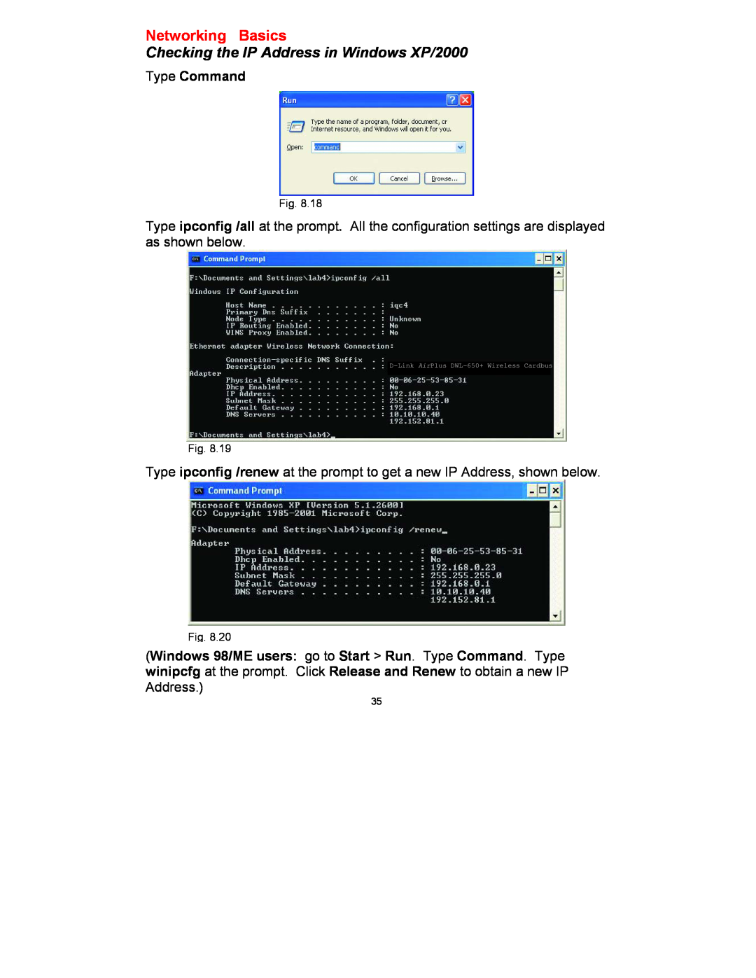 D-Link DWL-650 manual Checking the IP Address in Windows XP/2000, Type Command, Networking Basics 