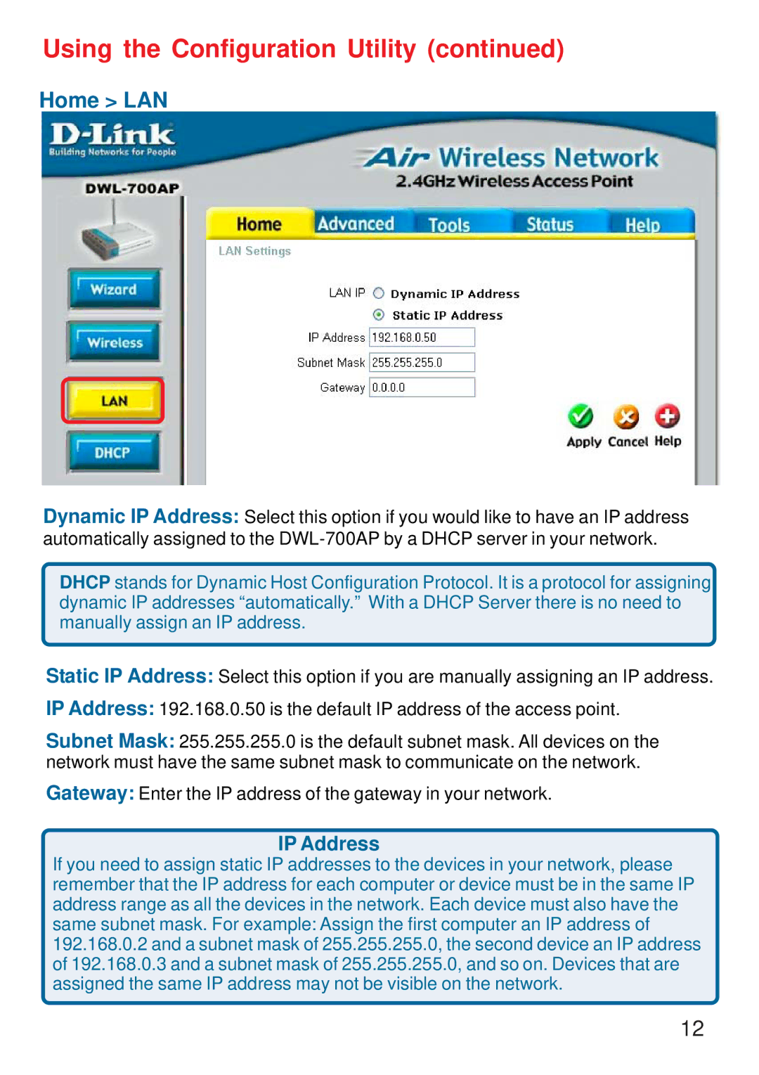 D-Link DWL-700AP manual Home LAN, IP Address 