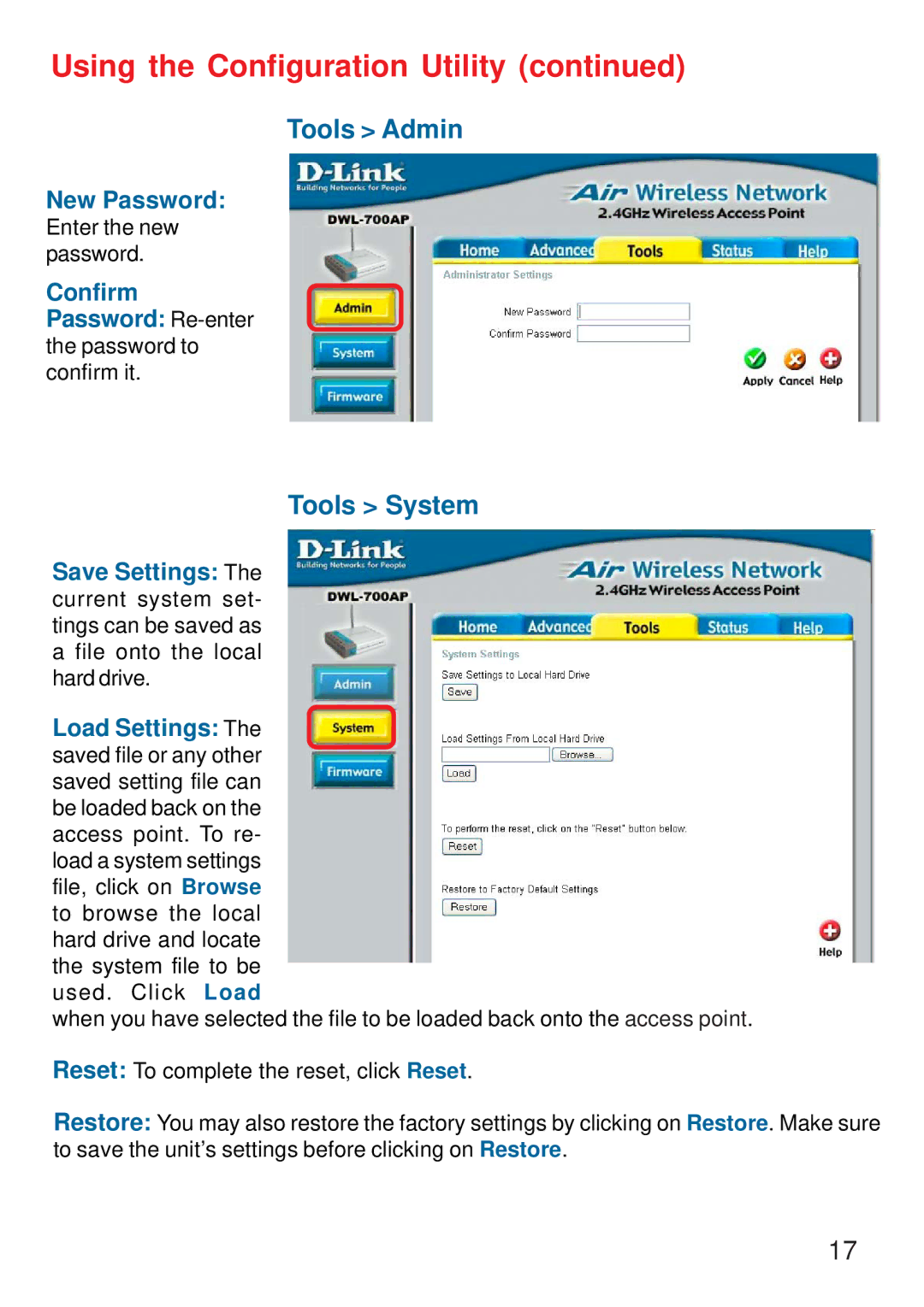 D-Link DWL-700AP manual Tools Admin, Tools System 