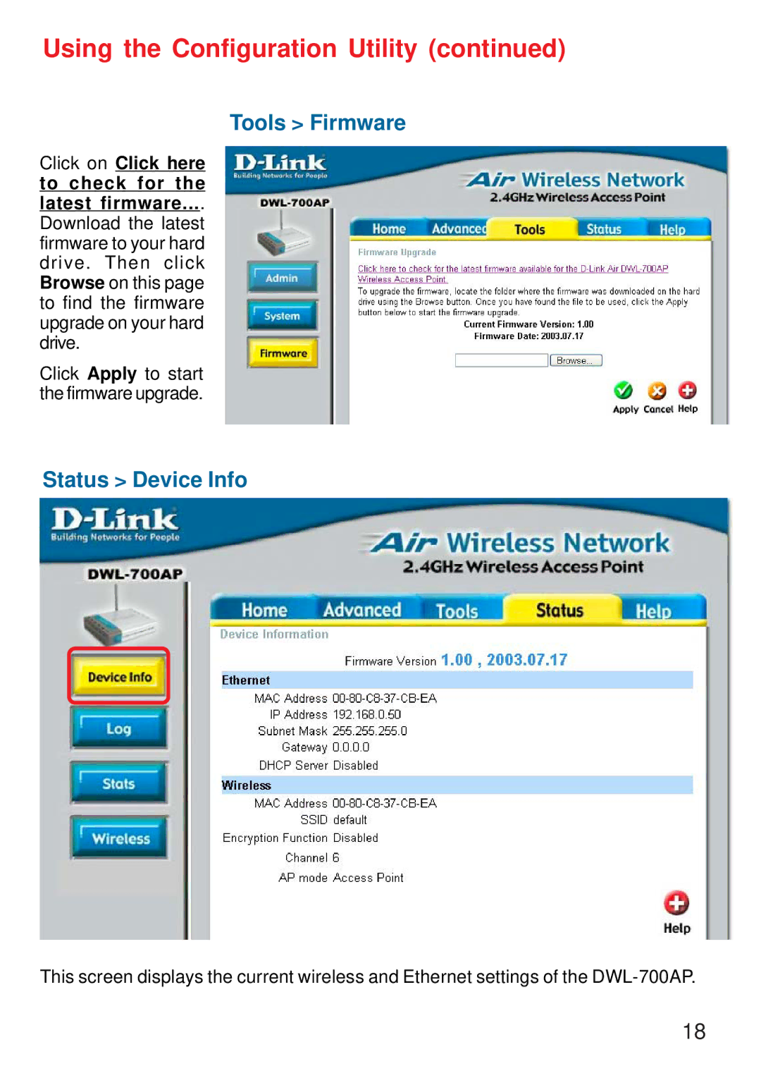 D-Link DWL-700AP manual Tools Firmware, Status Device Info 