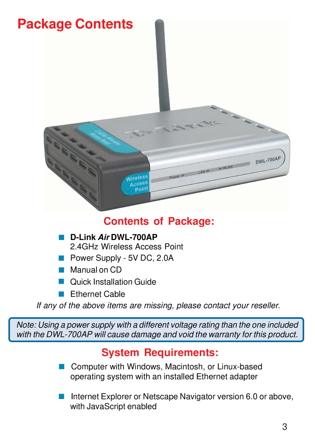 D-Link DWL-700AP manual Package Contents 