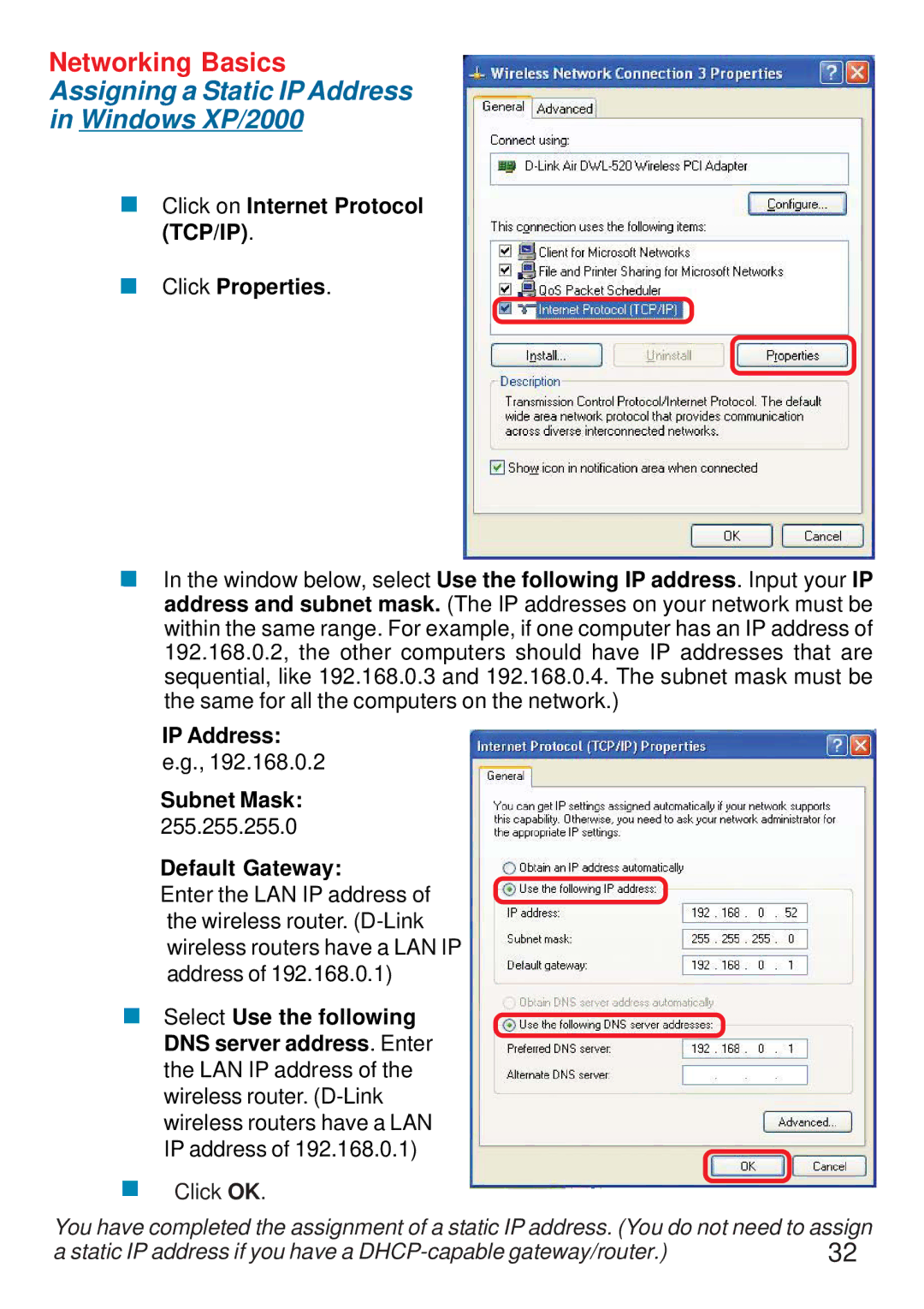 D-Link DWL-700AP manual Assigning a Static IP Address Windows XP/2000 