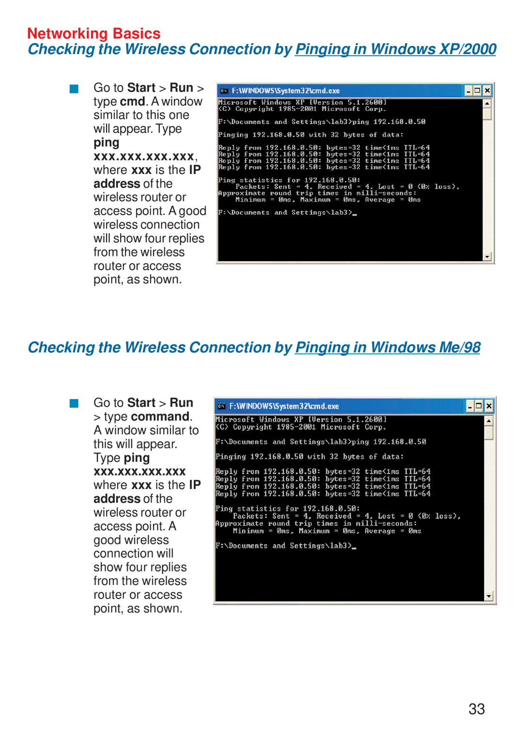 D-Link DWL-700AP manual Checking the Wireless Connection by Pinging in Windows Me/98 