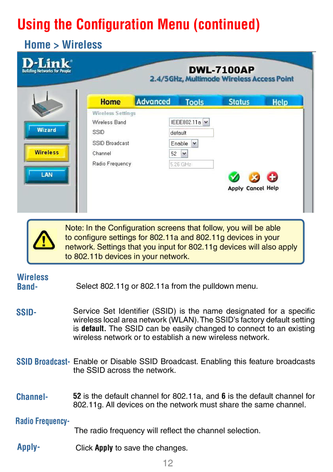 D-Link DWL-7100AP manual Home Wireless, Channel, Apply 