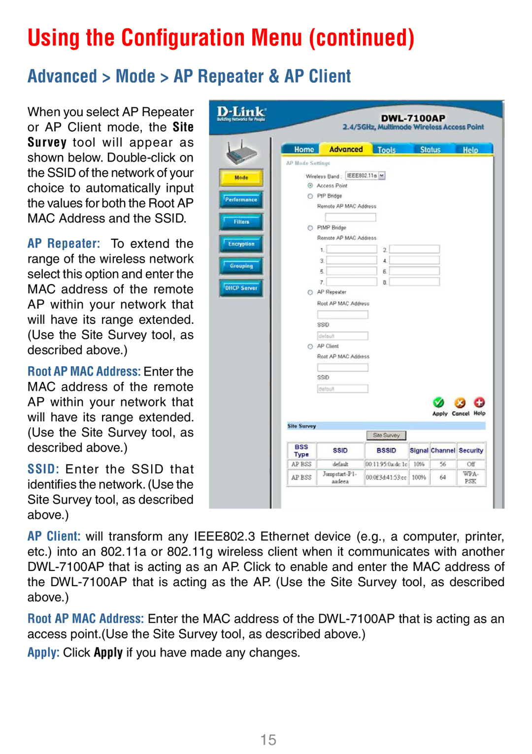 D-Link DWL-7100AP manual Advanced Mode AP Repeater & AP Client 