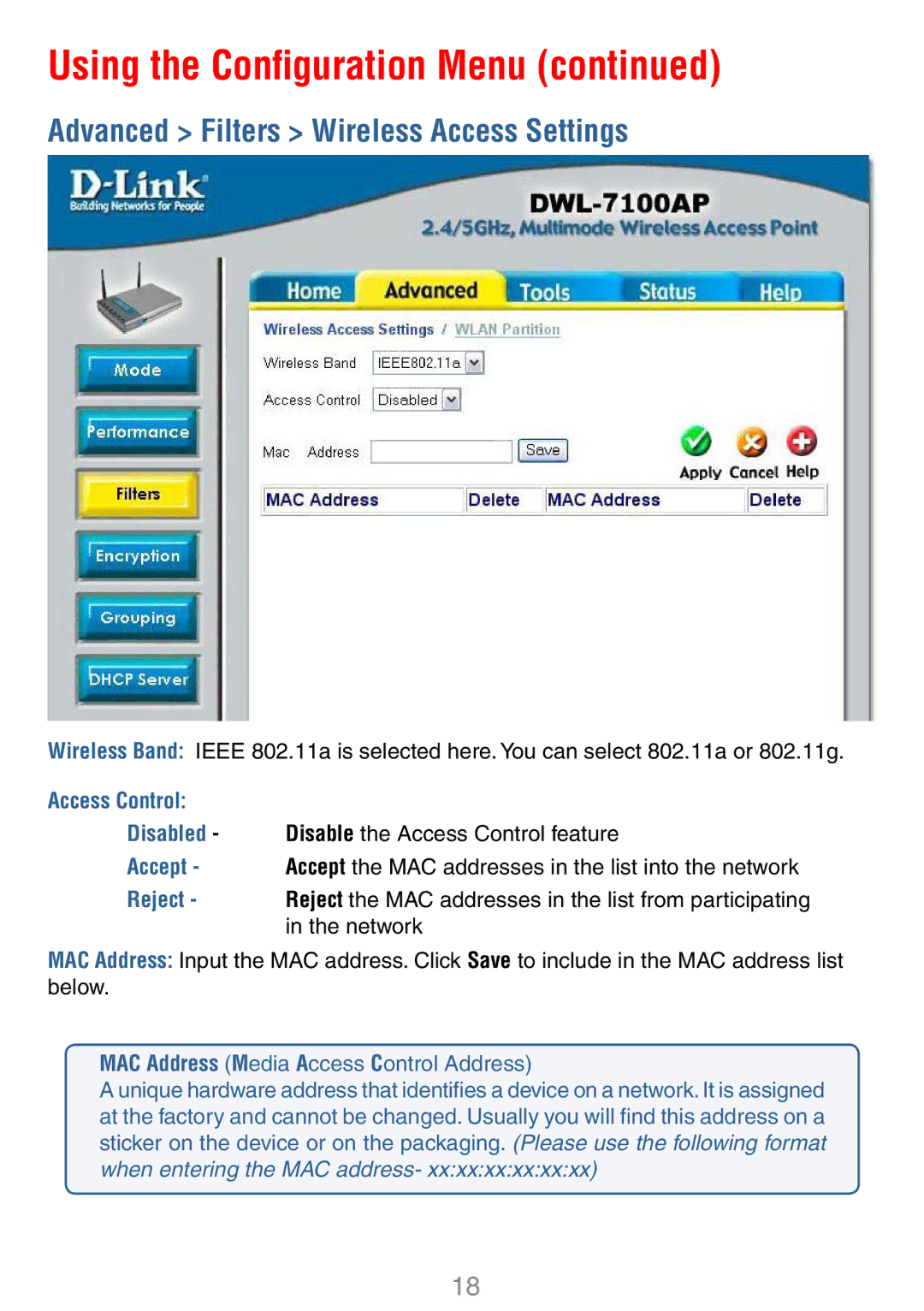 D-Link DWL-7100AP manual Advanced Filters Wireless Access Settings, Network 