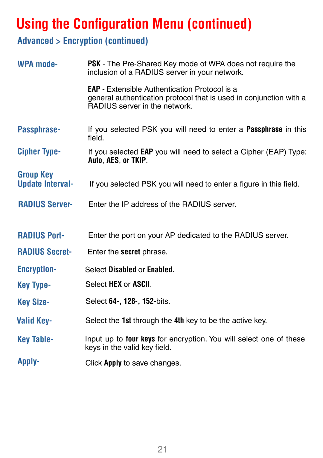 D-Link DWL-7100AP manual Advanced Encryption, WPA mode Passphrase Cipher Type 