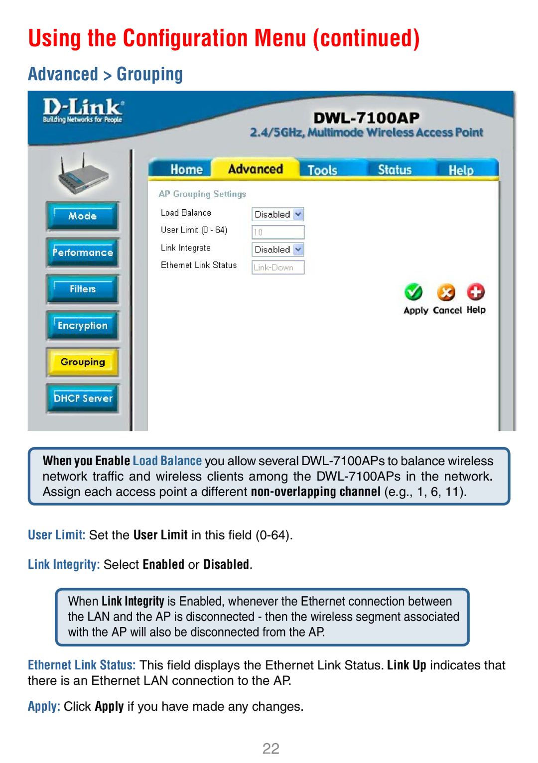 D-Link DWL-7100AP manual Advanced Grouping, Load Balance Select Enabled or Disabled 