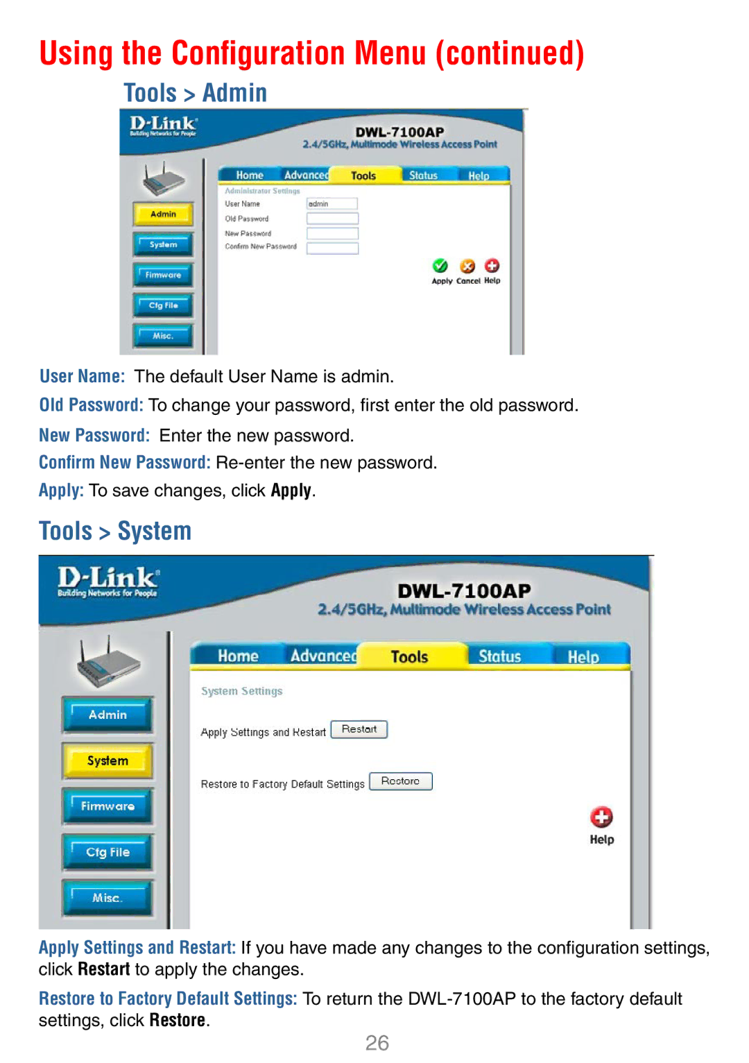 D-Link DWL-7100AP manual Tools Admin, Tools System 