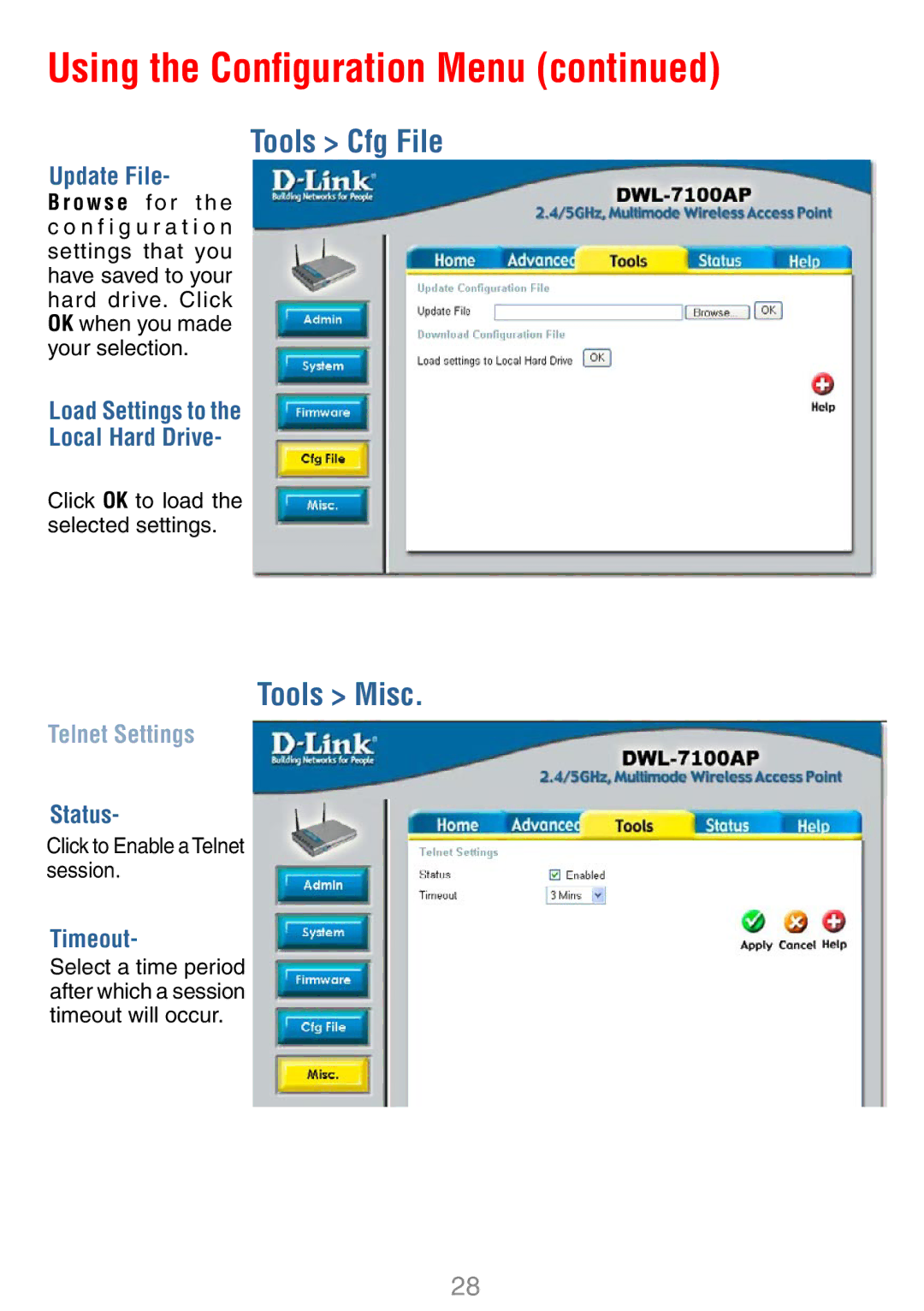 D-Link DWL-7100AP manual Tools Cfg File, Tools Misc, Update File, Load Settings to Local Hard Drive, Timeout 