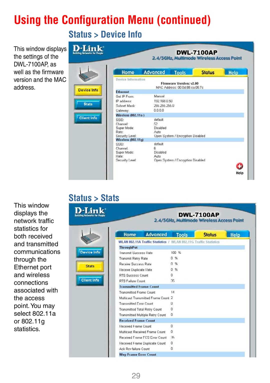 D-Link DWL-7100AP manual Status Device Info, Status Stats 