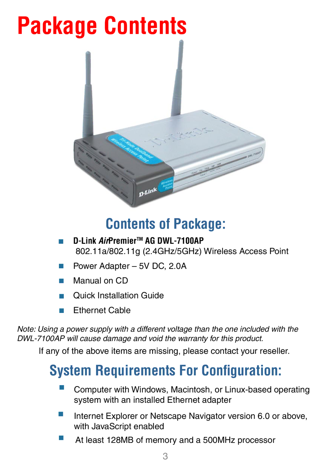 D-Link DWL-7100AP manual Package Contents 