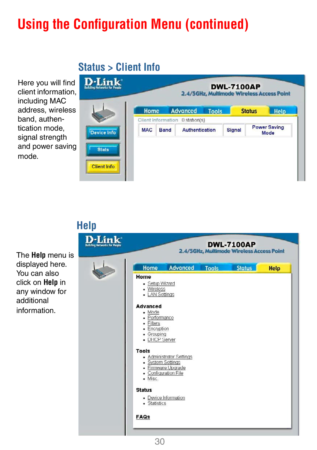 D-Link DWL-7100AP manual Status Client Info, Help 