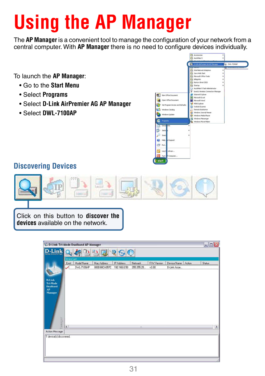 D-Link DWL-7100AP manual Using the AP Manager, Discovering Devices 