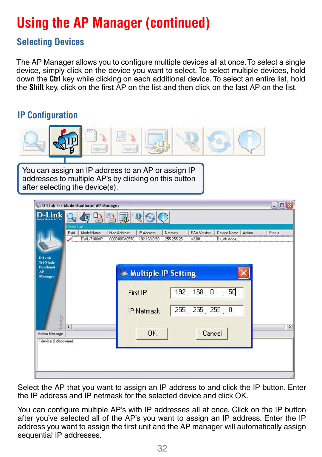 D-Link DWL-7100AP manual Selecting Devices, IP Conﬁguration 