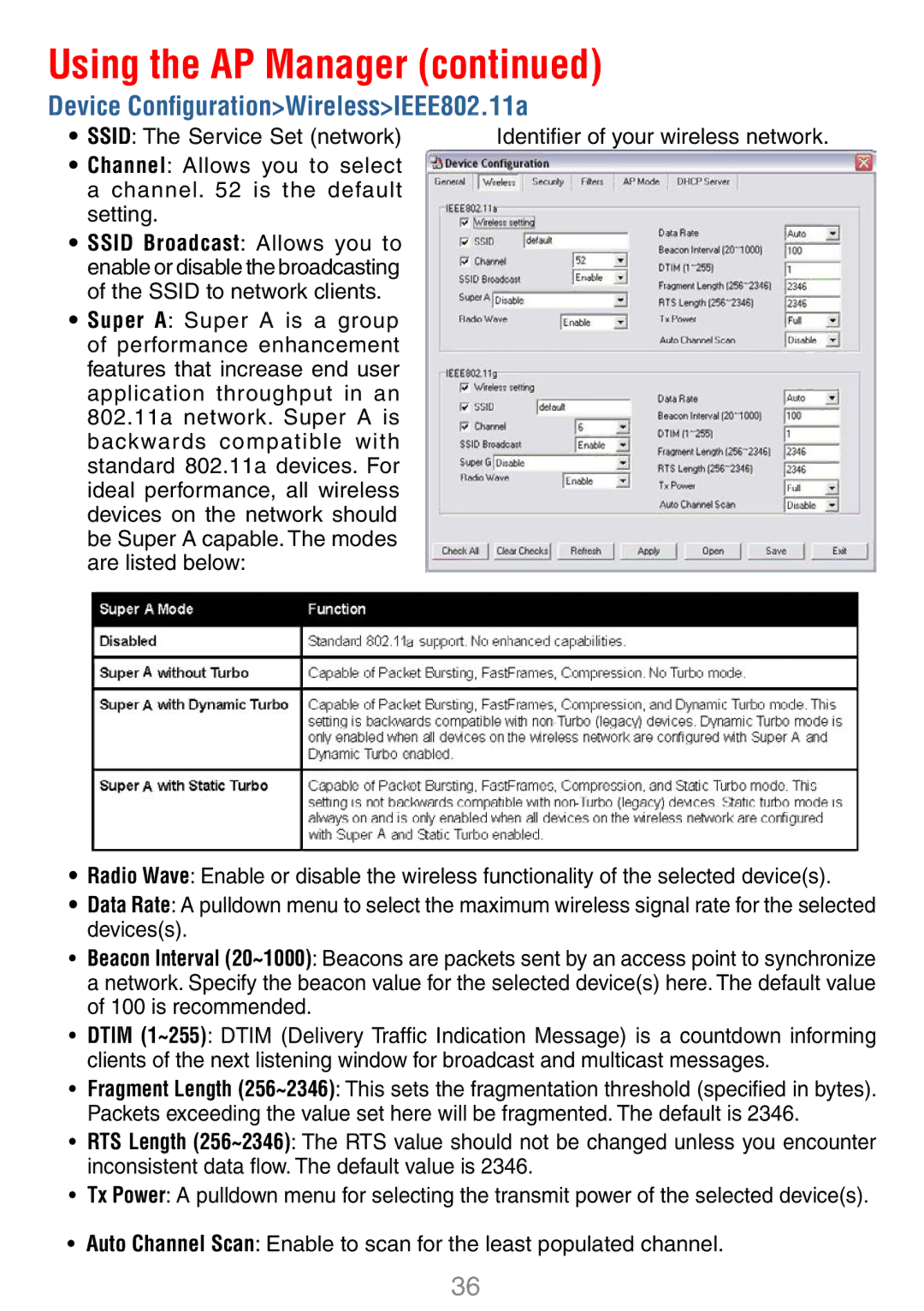 D-Link DWL-7100AP manual Device ConﬁgurationWirelessIEEE802.11a 