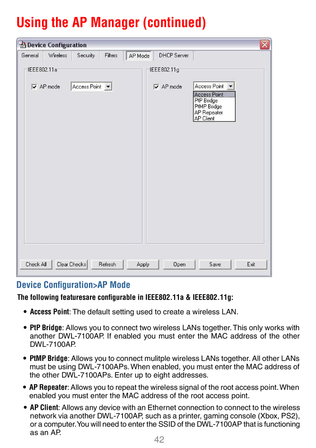 D-Link DWL-7100AP manual Device ConﬁgurationAP Mode 