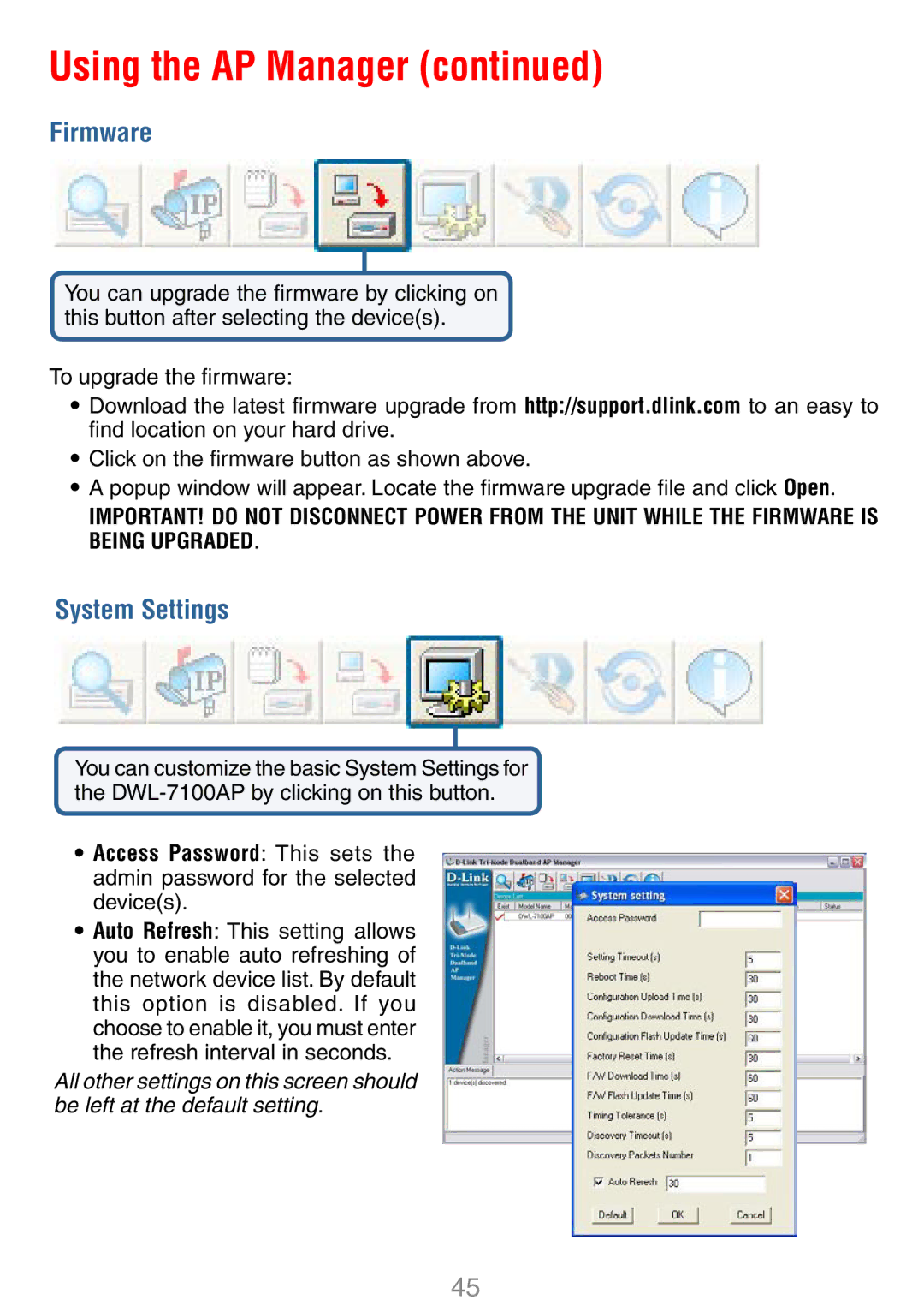 D-Link DWL-7100AP manual Firmware, System Settings 