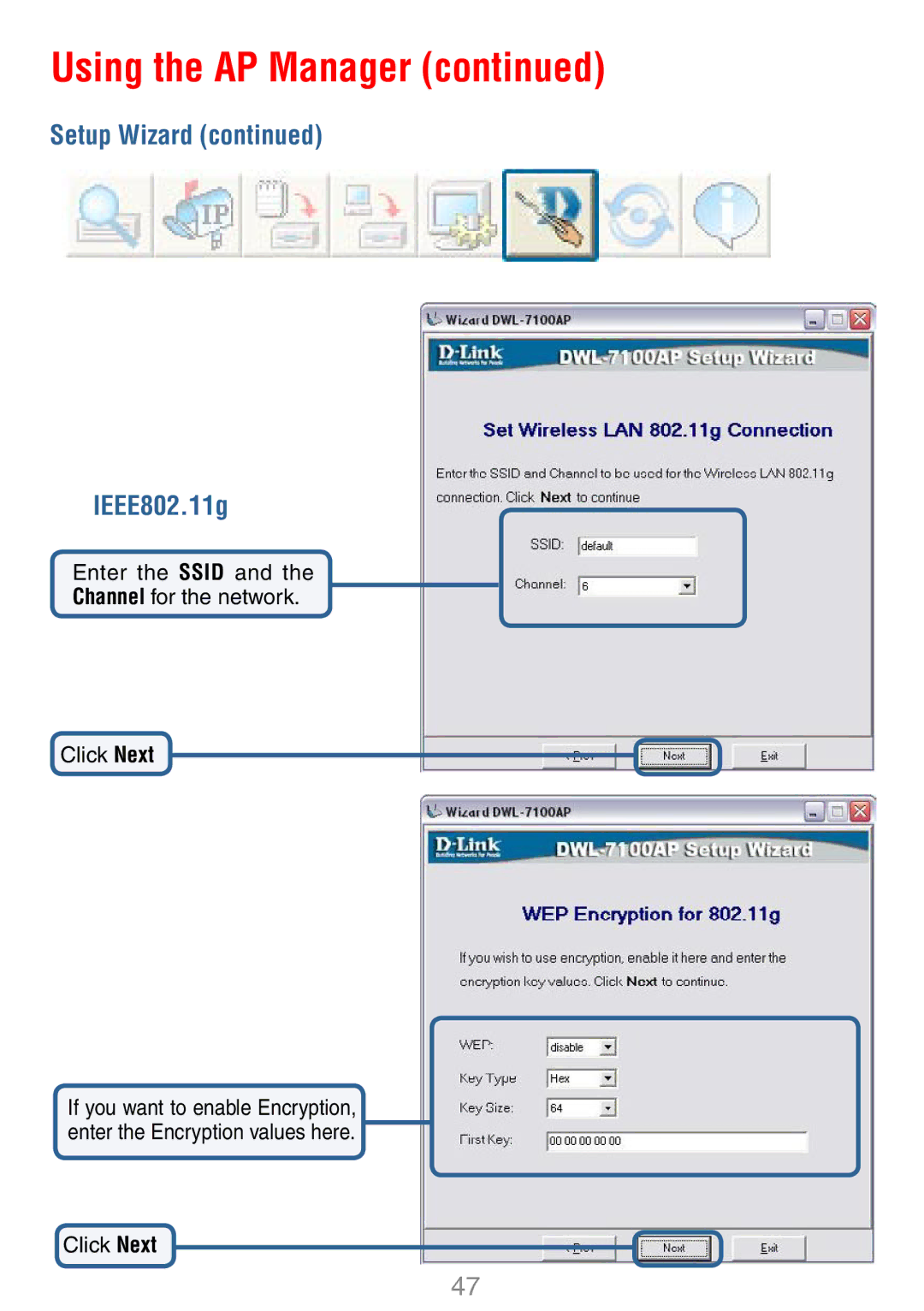 D-Link DWL-7100AP manual Setup Wizard IEEE802.11g 