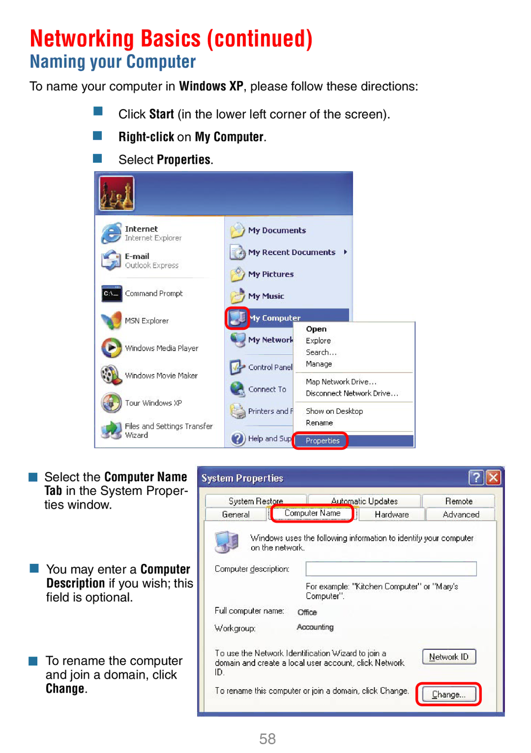 D-Link DWL-7100AP manual Naming your Computer,  Right-click on My Computer  Select Properties 