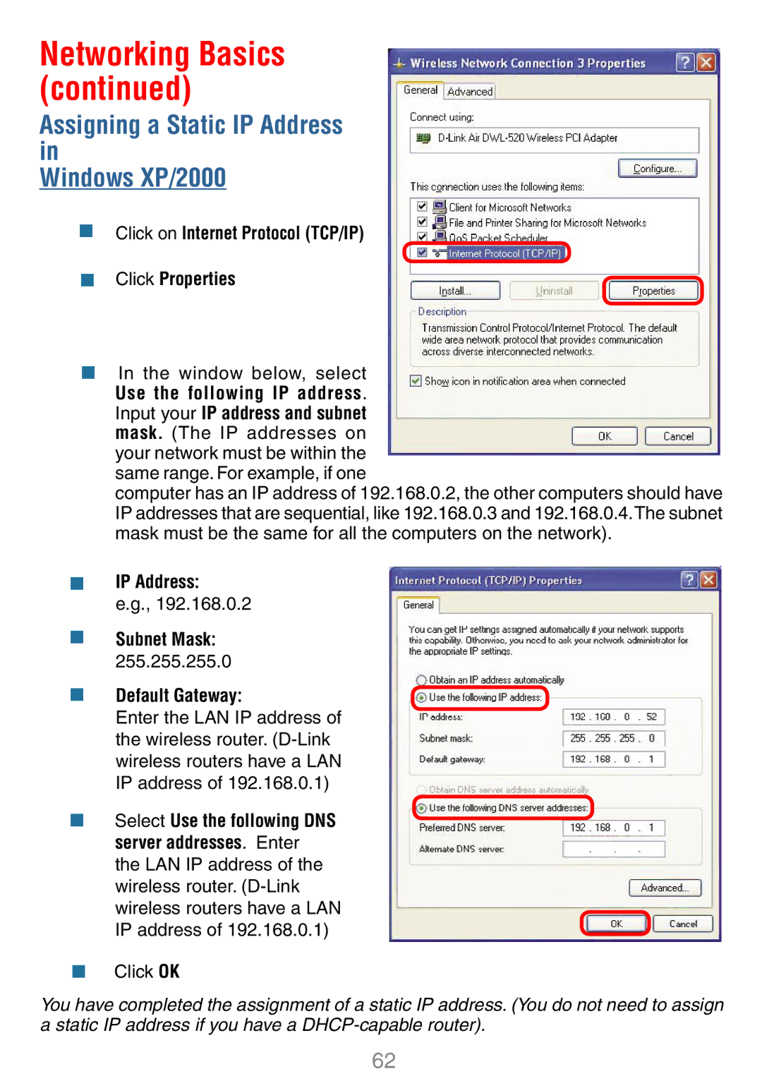 D-Link DWL-7100AP manual Networking Basics, Assigning a Static IP Address Windows XP/2000 