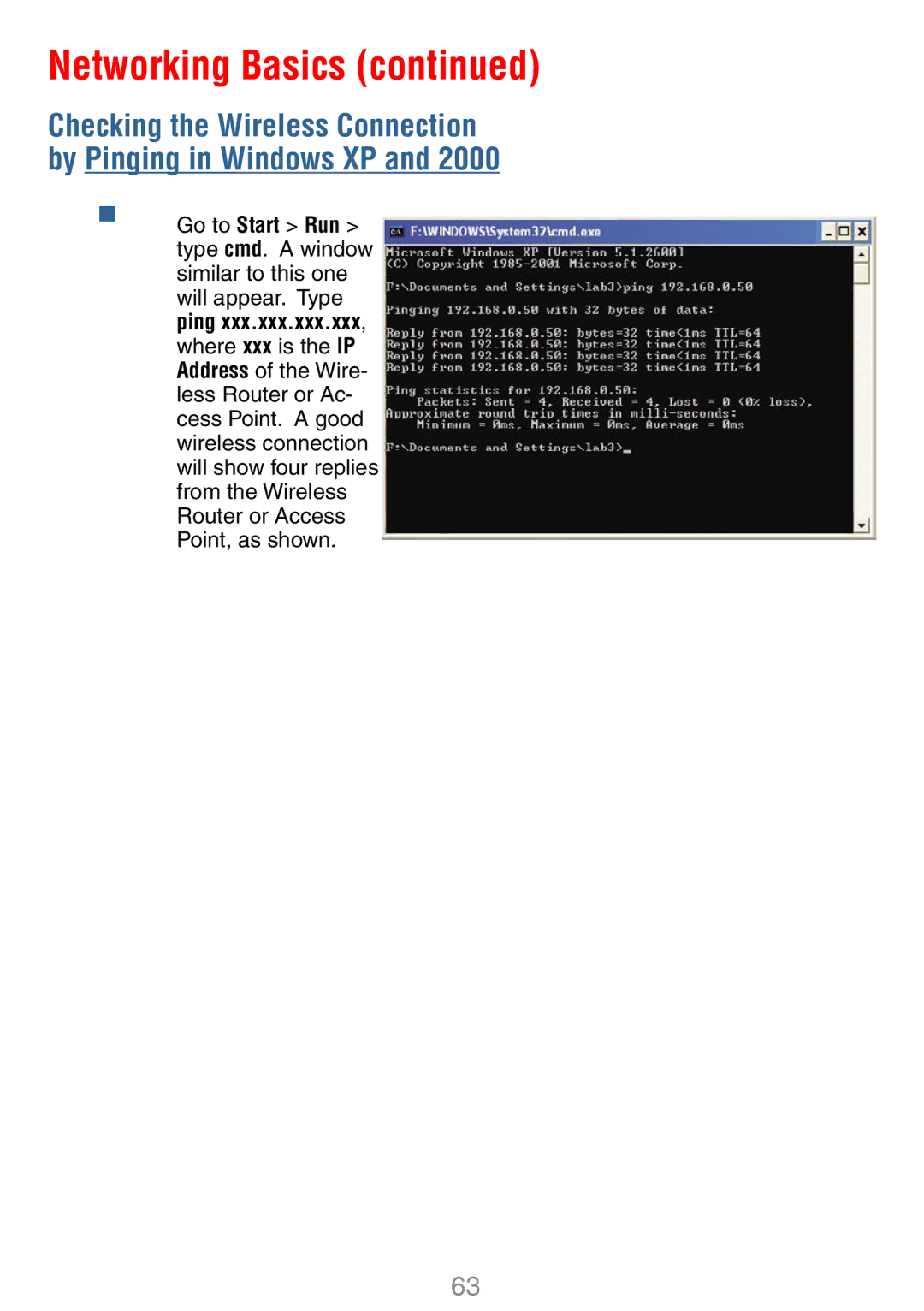 D-Link DWL-7100AP manual Checking the Wireless Connection by Pinging in Windows XP 