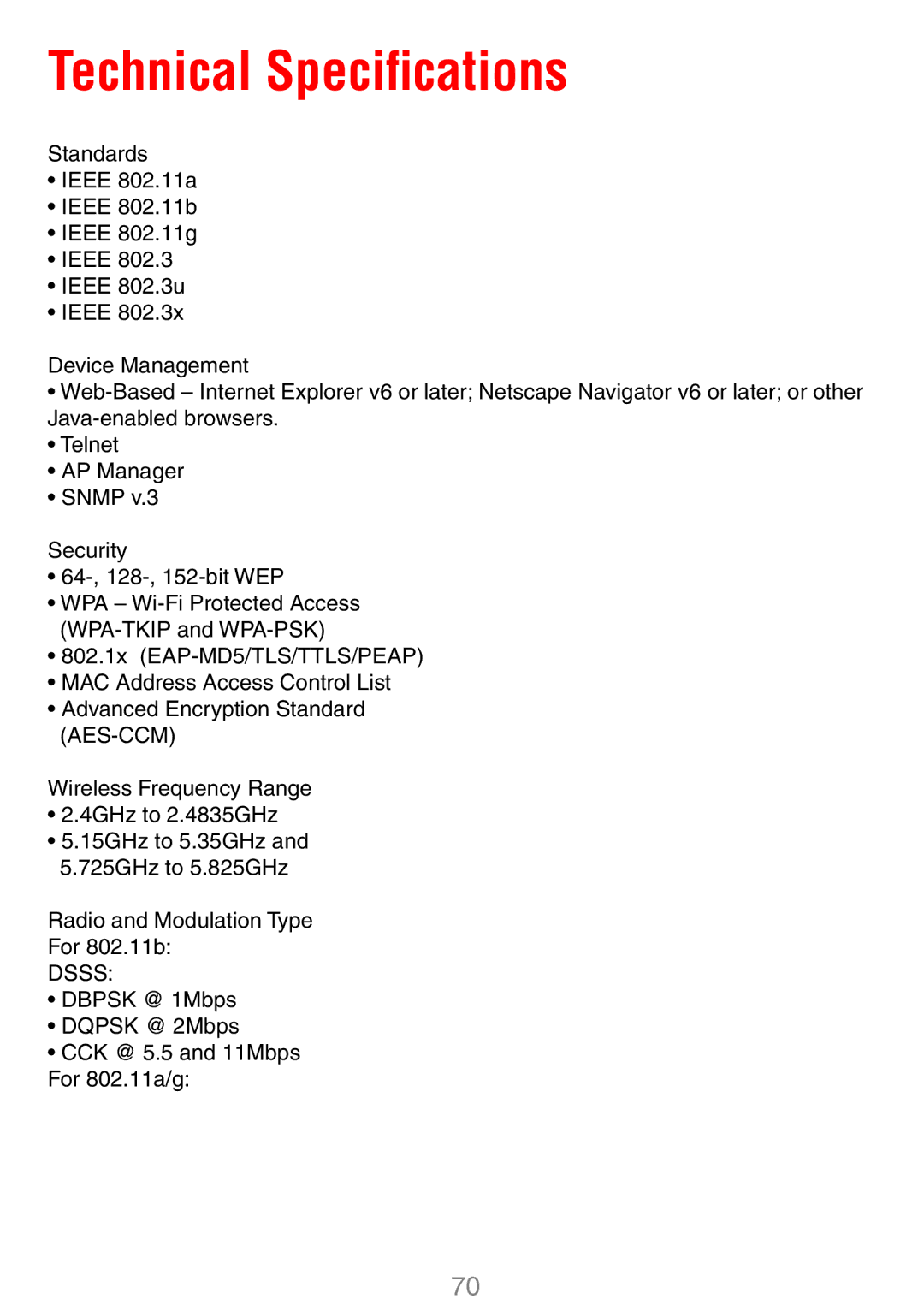 D-Link DWL-7100AP manual Technical Speciﬁcations 