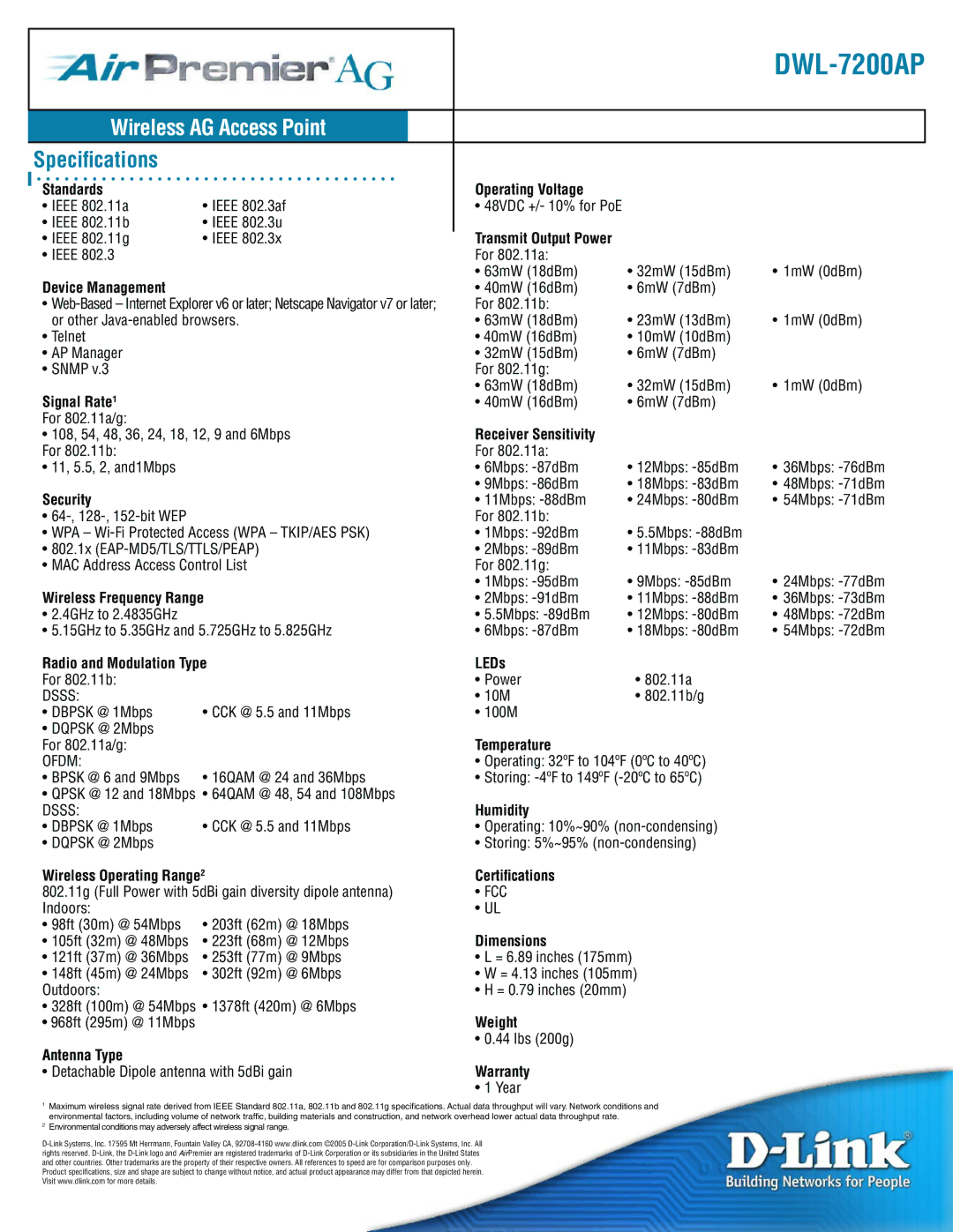 D-Link DWL-7200AP Standards Operating Voltage, Device Management, Signal Rate1, Receiver Sensitivity, Security, Humidity 