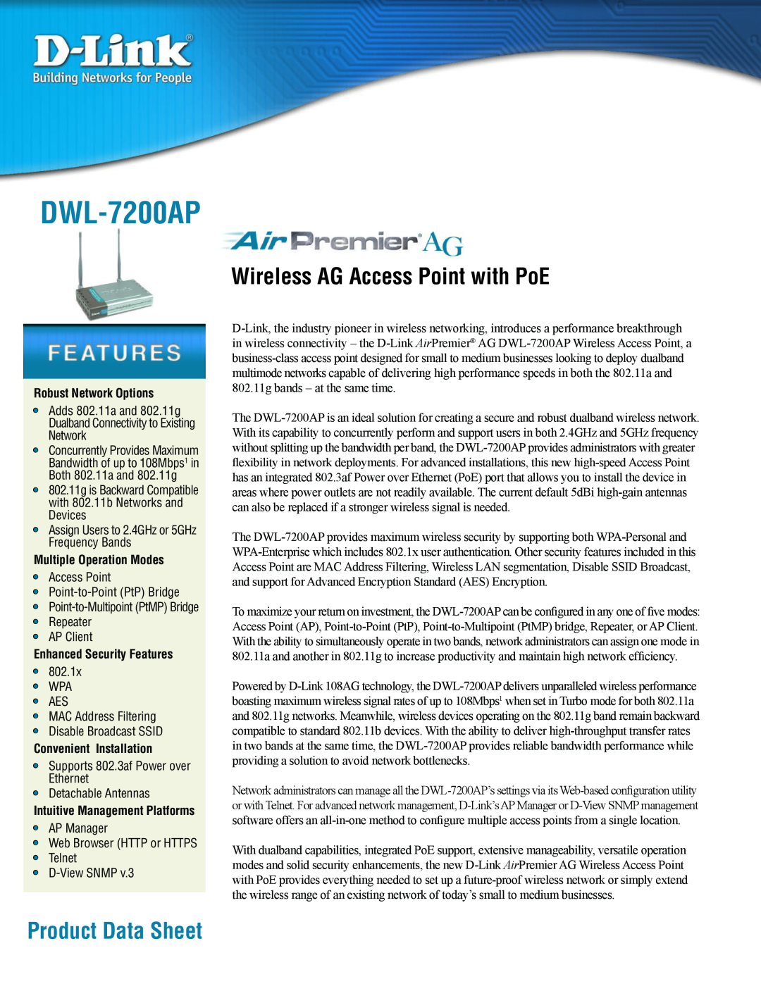 D-Link DWL-7200AP manual Product Data Sheet, Wireless AG Access Point with PoE 