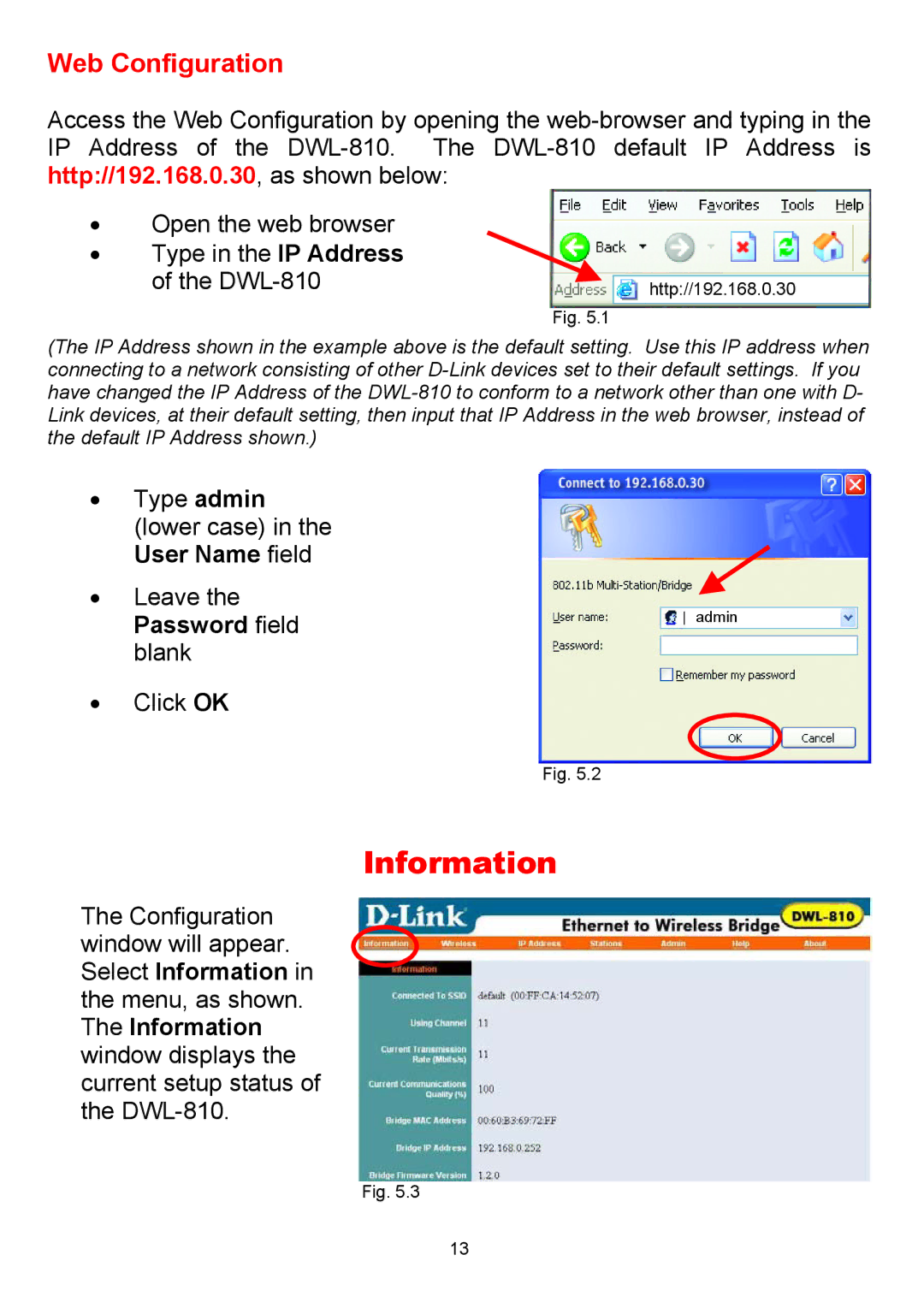 D-Link DWL-810 manual Information, Web Configuration 